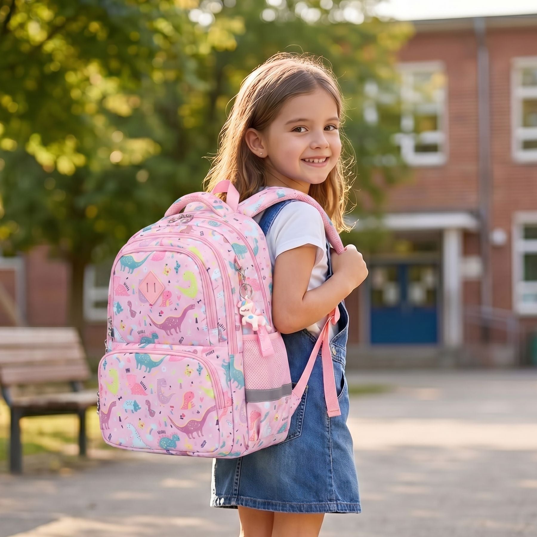 Sac à dos motif Dinosaure Rose | Grande capacité | Oxford résistant | Bretelles confortables