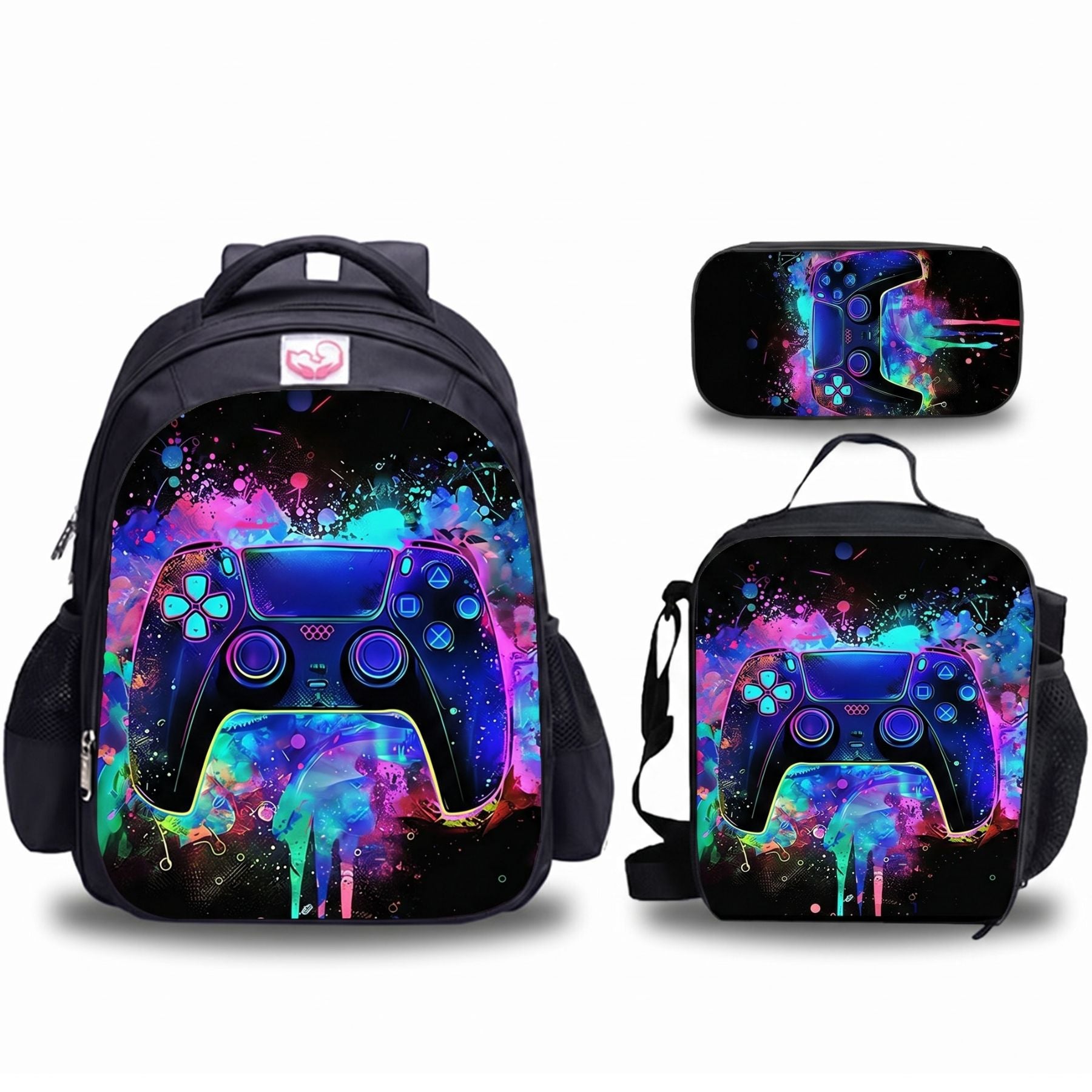 Sac à dos motif gaming manette | Ensemble 3 pièces (sac + lunch bag + trousse) | Oxford résistant