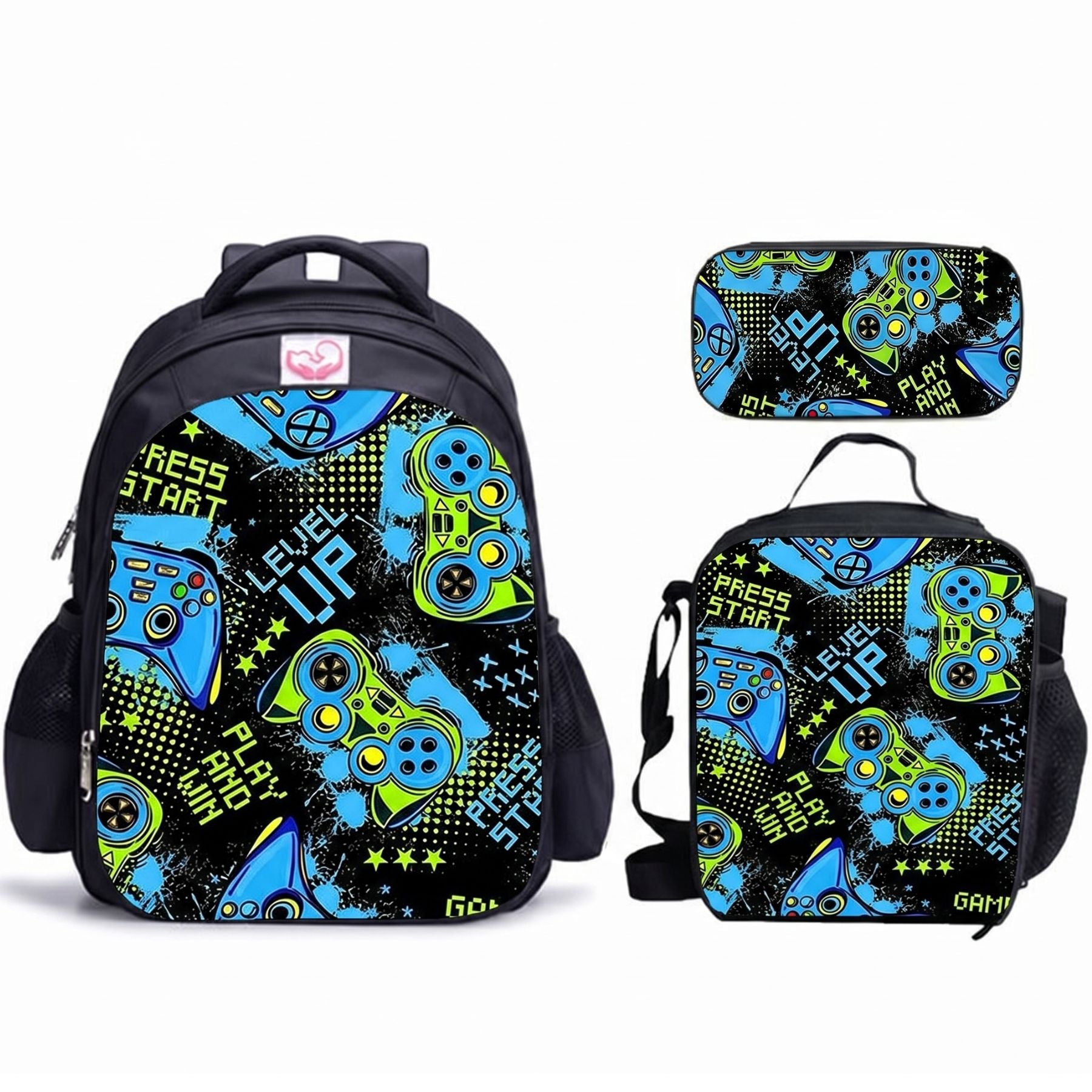 Sac à dos motif gaming manette | Ensemble 3 pièces (sac + lunch bag + trousse) | Oxford résistant