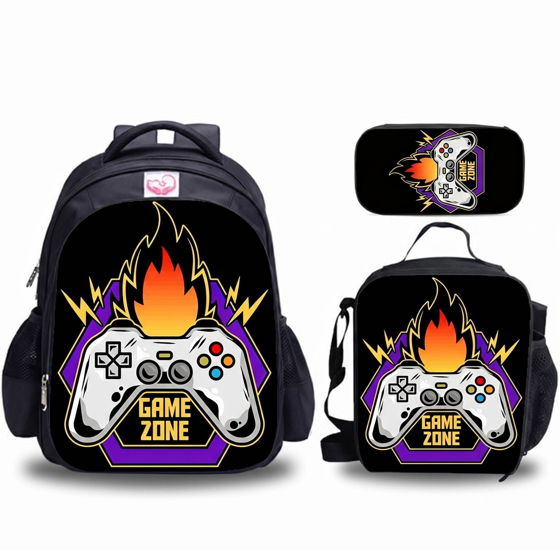 Sac à dos motif gaming manette | Ensemble 3 pièces (sac + lunch bag + trousse) | Oxford résistant