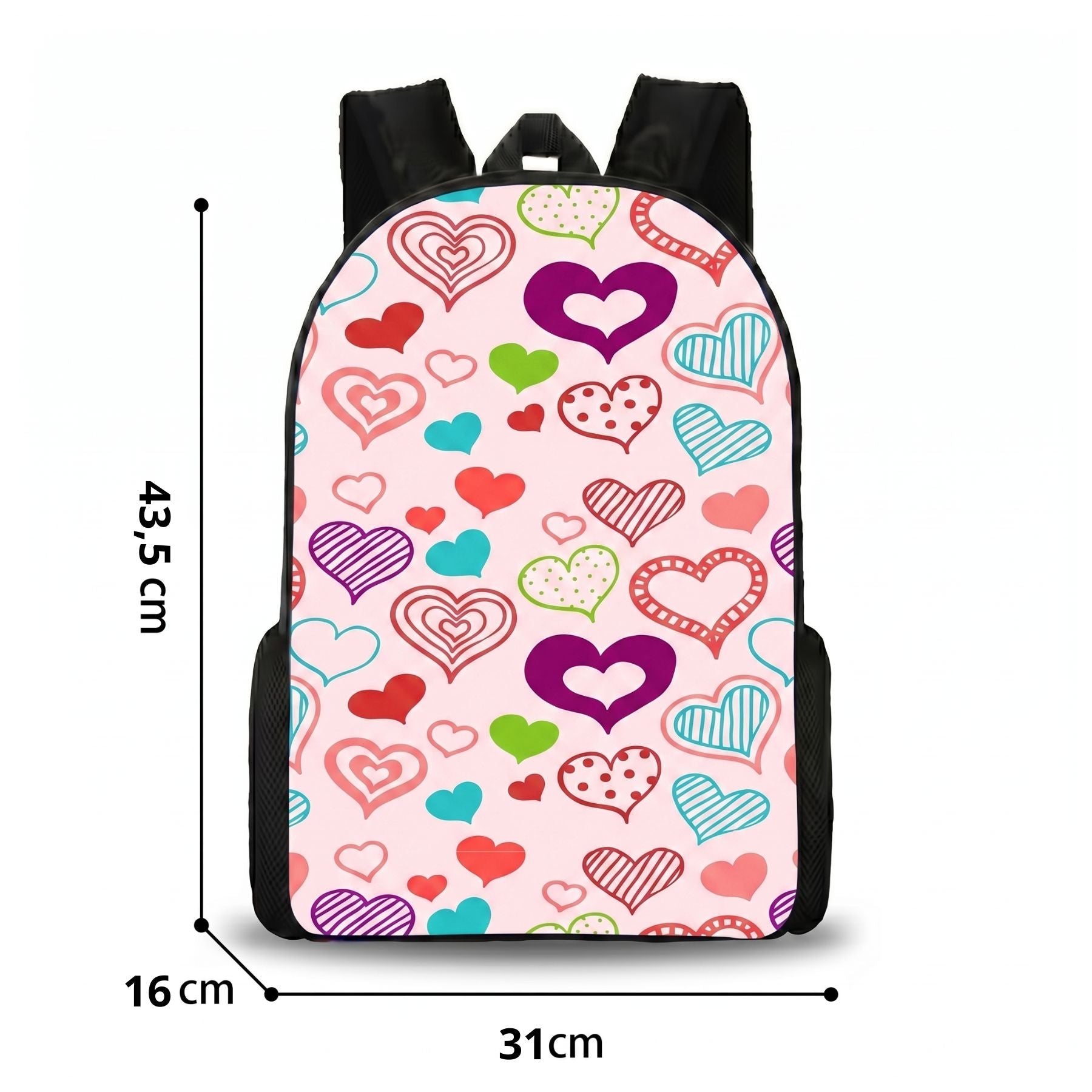 Sac à dos multi cœurs colorés pour enfant | Ensemble 3 pièces (sac + lunch bag + trousse) | Oxford imperméable