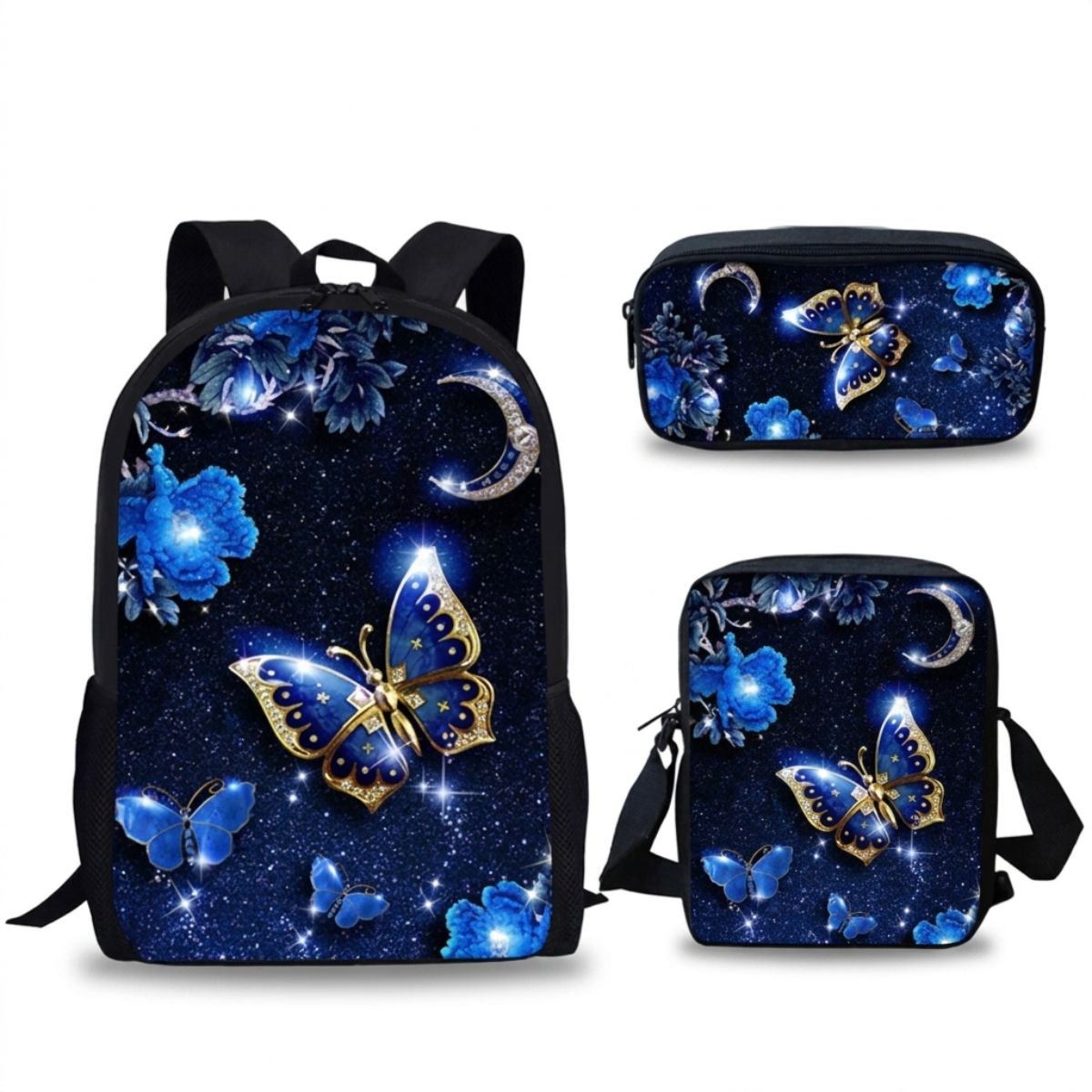 Sac à dos papillon pour enfant | Ensemble 3 pièces (sac + bandoulière + trousse) | Nylon imperméable