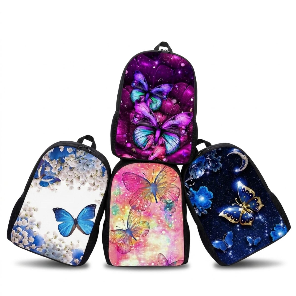 Sac à dos papillon pour enfant | Ensemble 3 pièces (sac + bandoulière + trousse) | Nylon imperméable