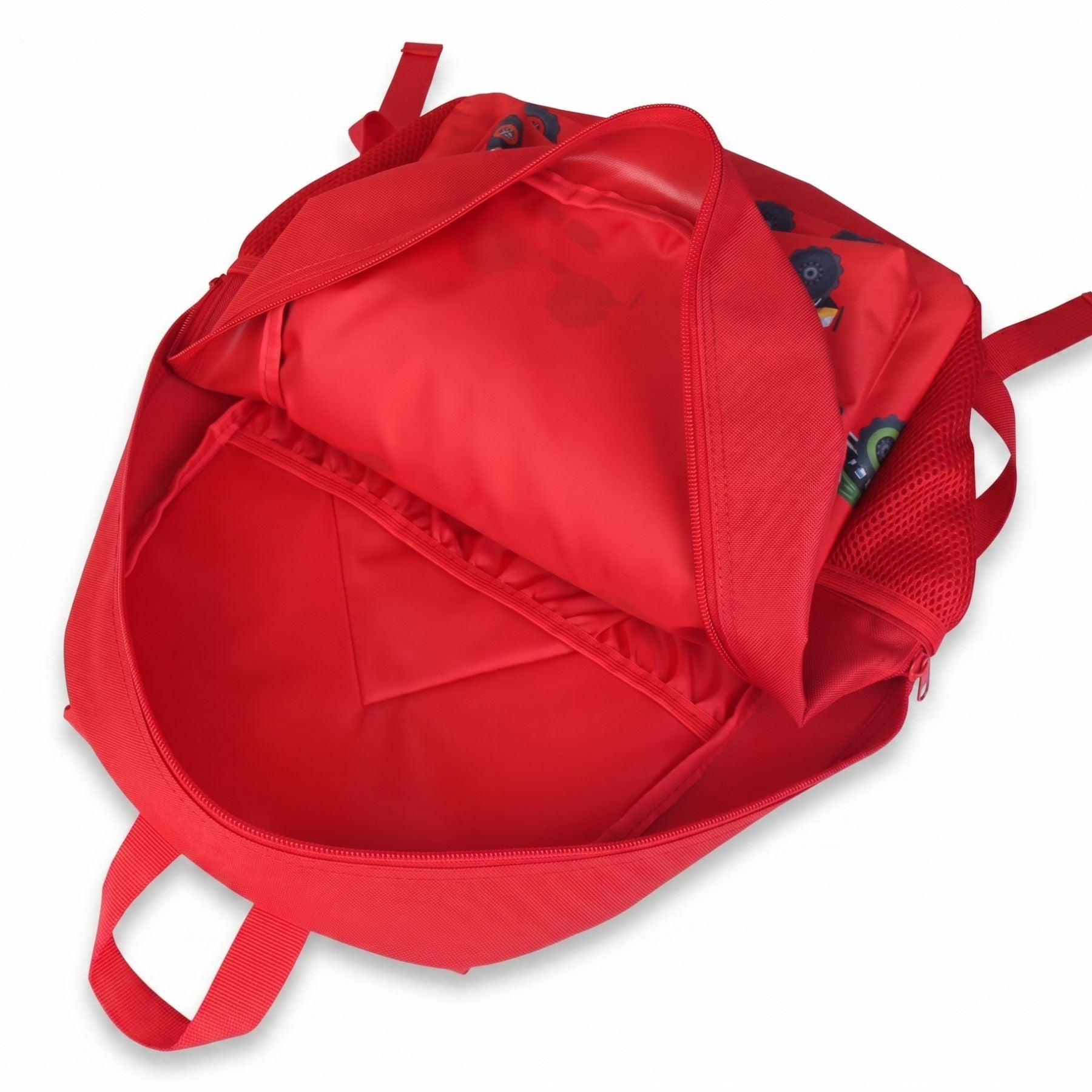 Sac à dos rouge motifs voitures pour enfant | Grande capacité | Polyester résistant | Style moderne