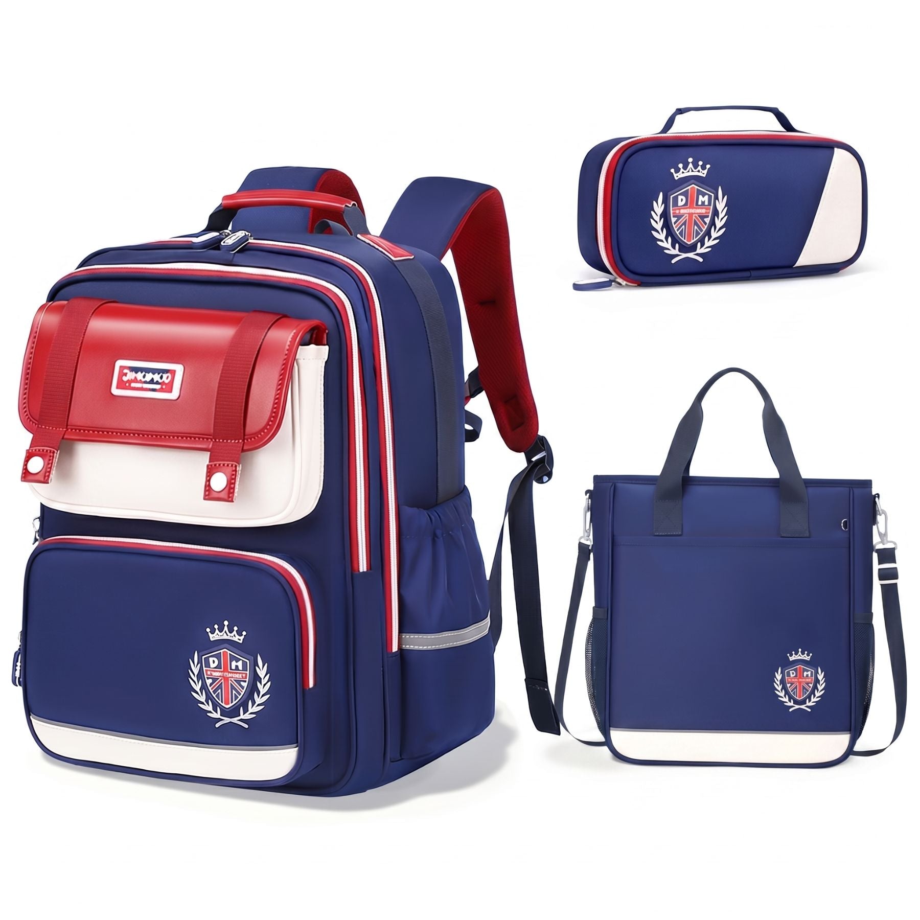 Sac à dos scolaire bleu et rouge | Ensemble 3 pièces (sac + petit sac bandoulière + trousse) | Tissu Oxford résistant