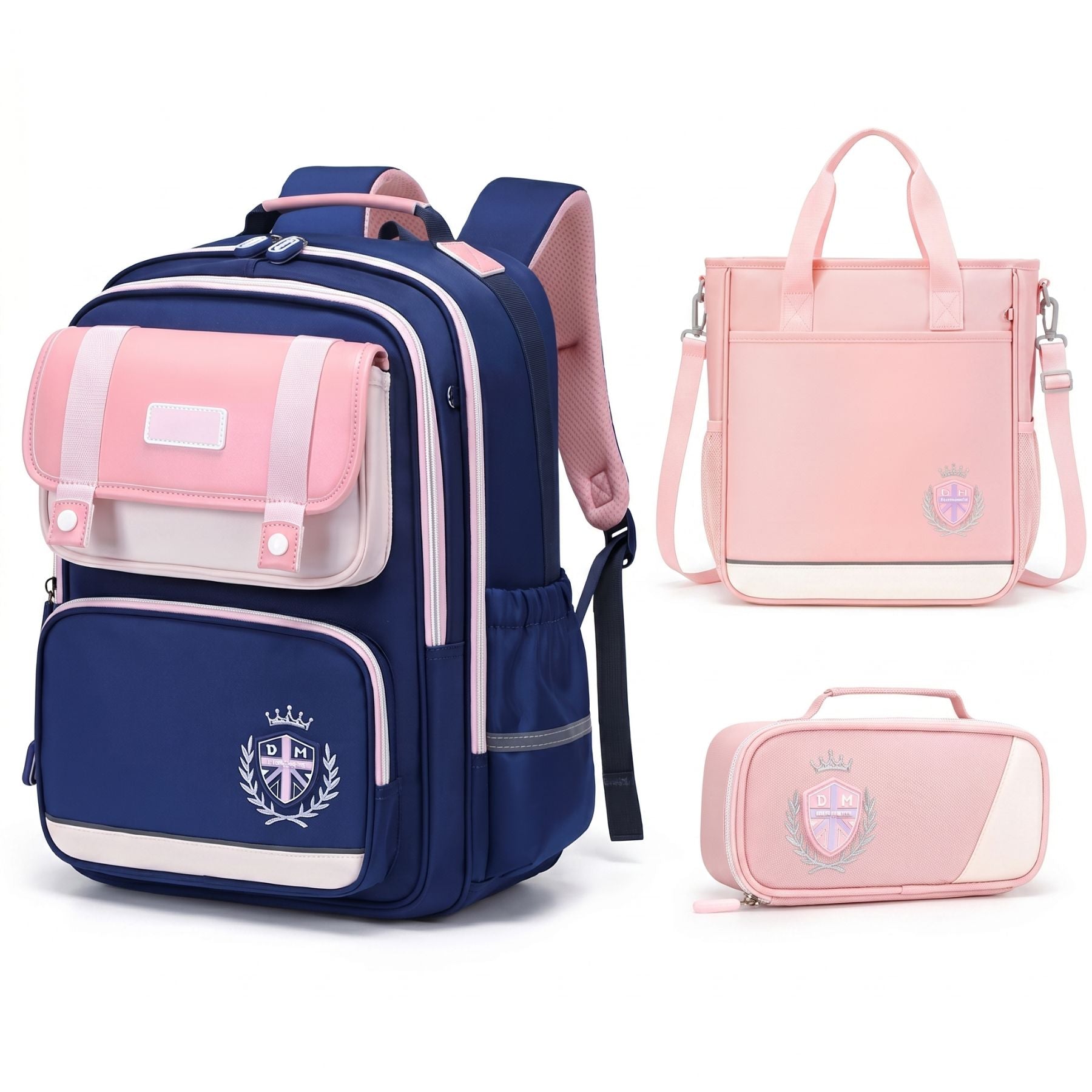 Sac à dos scolaire bleu royal et rose | Ensemble 3 pièces (sac + petit sac bandoulière + trousse) | Tissu Oxford résistant