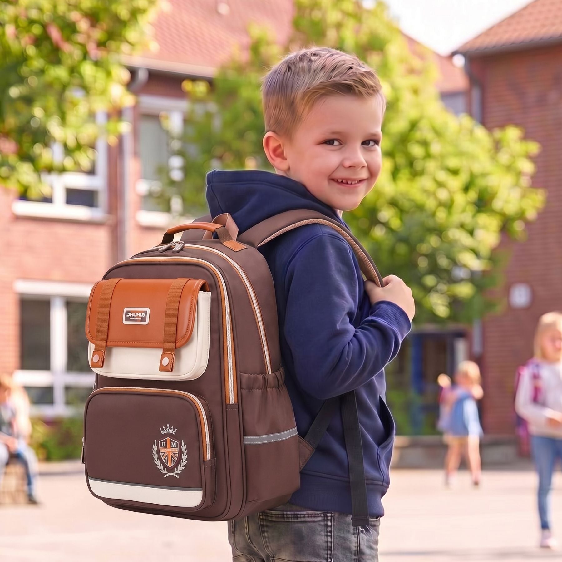 Sac à dos scolaire marron | Ensemble 3 pièces (sac + petit sac bandoulière + trousse) | Tissu Oxford résistant