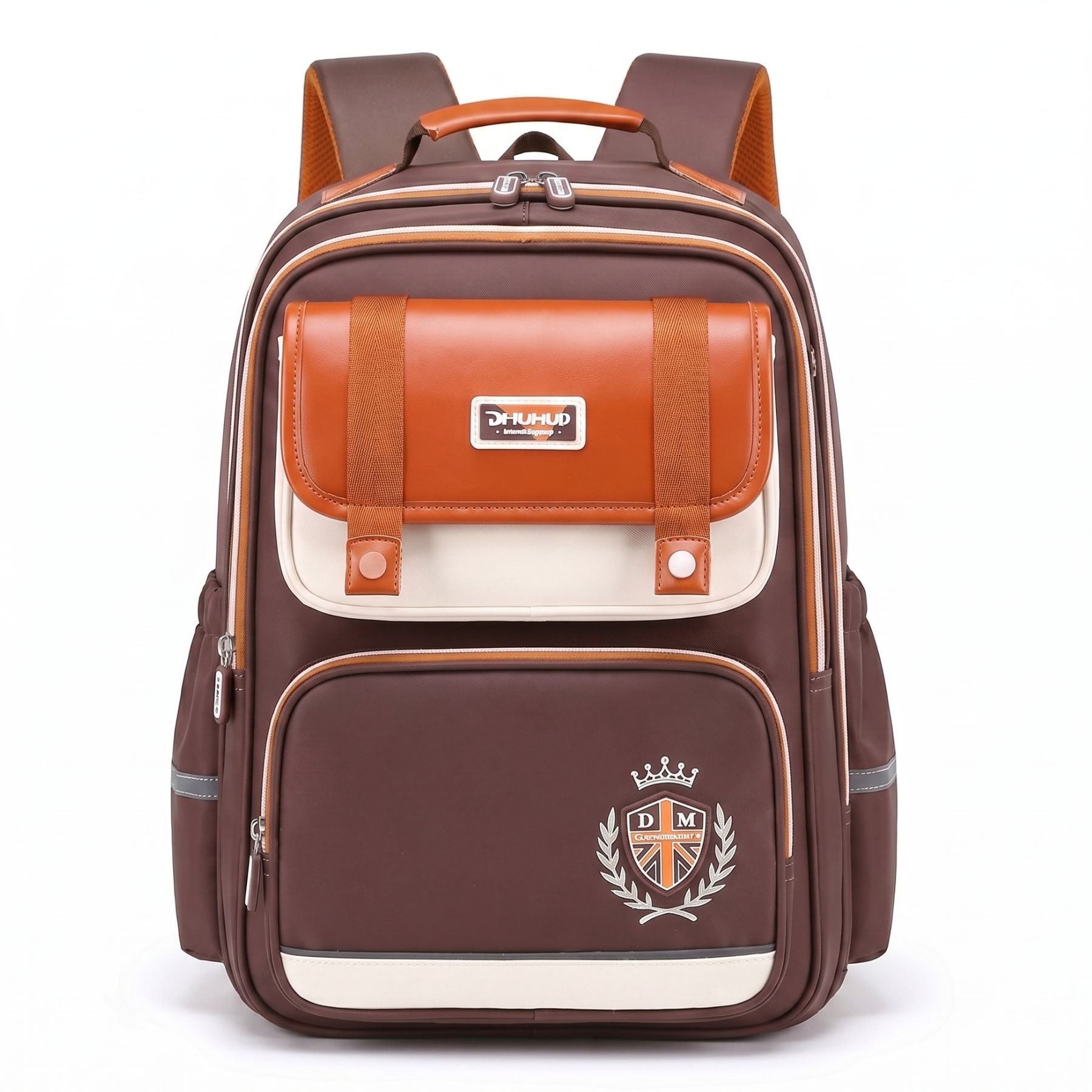 Sac à dos scolaire marron et orange | Grande capacité | Tissu Oxford imperméable | Port confortable