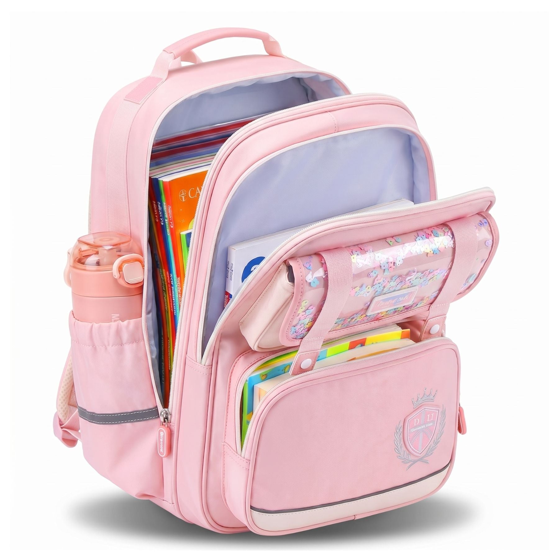 Sac à dos scolaire rose pour fille | Ensemble 3 pièces (sac + petit sac bandoulière + trousse) | Tissu Oxford résistant