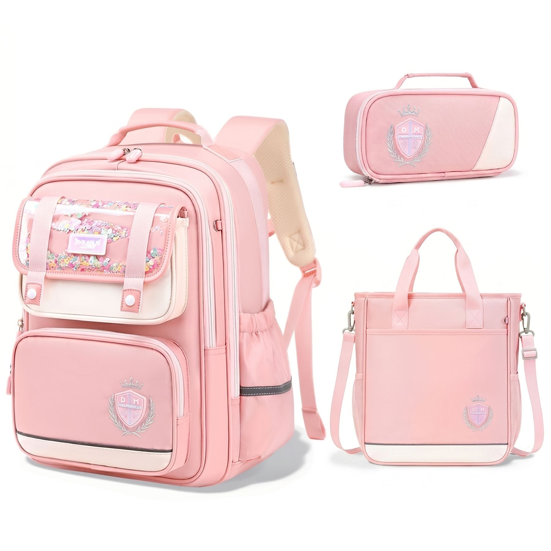 Sac à dos scolaire rose pour fille | Ensemble 3 pièces (sac + petit sac bandoulière + trousse) | Tissu Oxford résistant