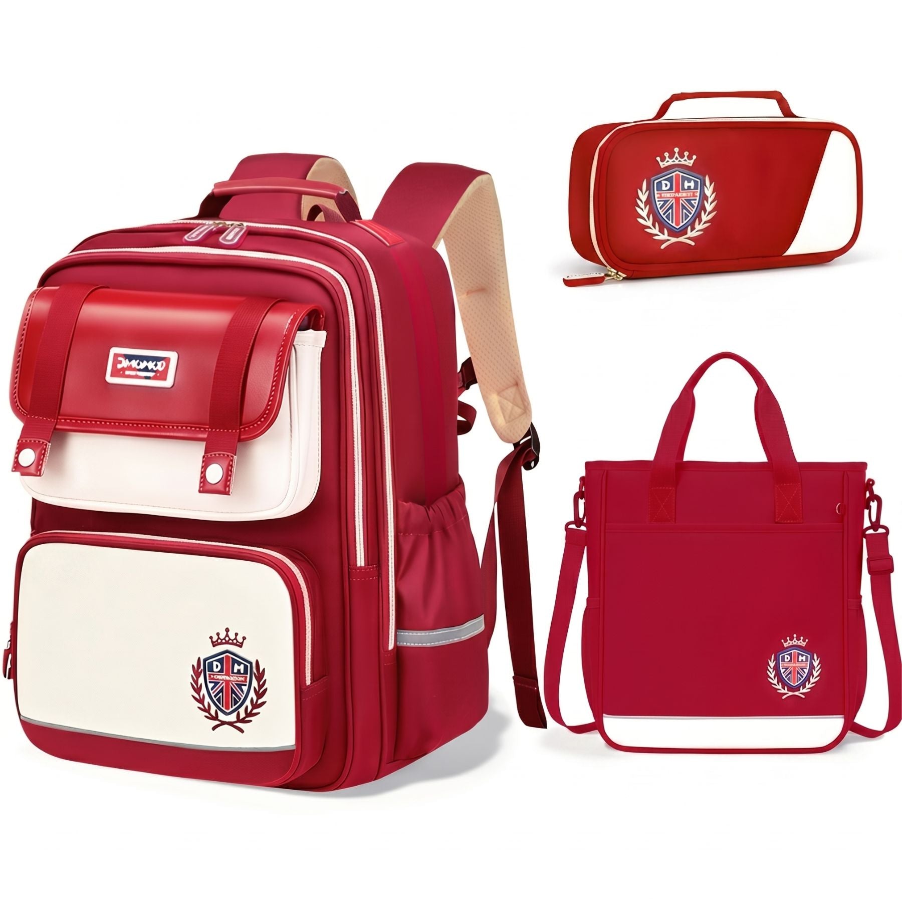 Sac à dos scolaire rouge Bordeaux | Ensemble 3 pièces (sac + petit sac bandoulière + trousse) | Tissu Oxford résistant