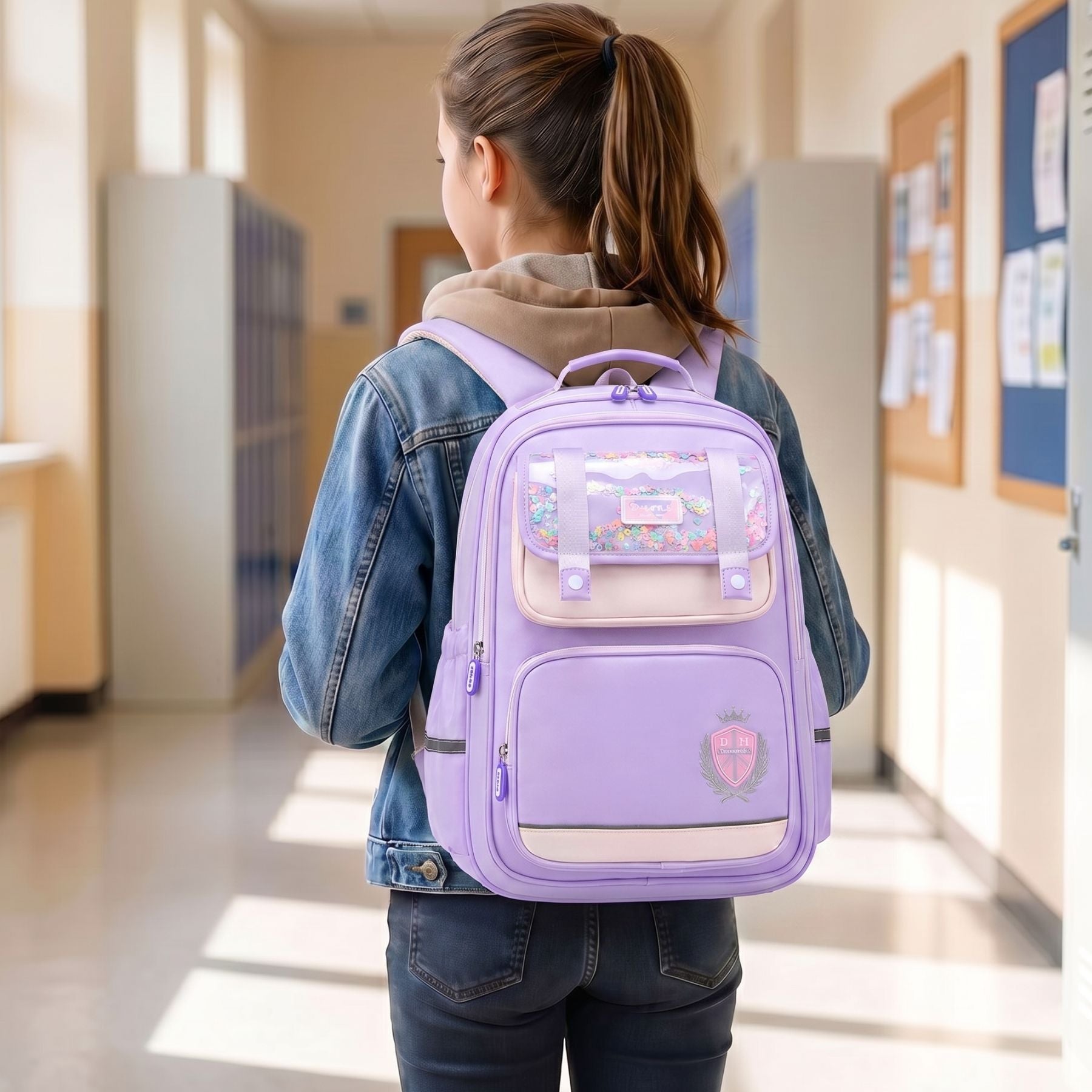 Sac à dos scolaire violet pour fille | Ensemble 3 pièces (sac +petit sac bandoulière +trousse) | Tissu Oxford résistant