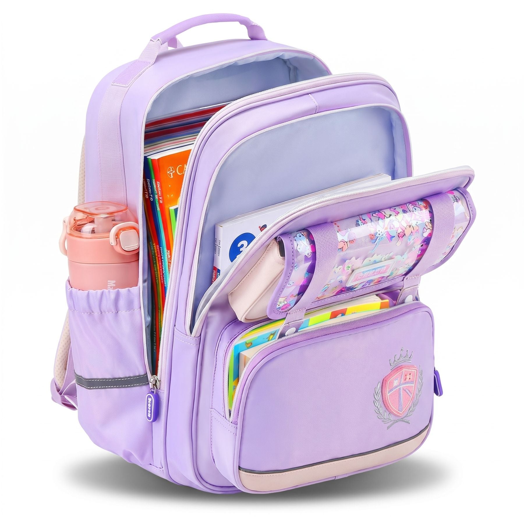 Sac à dos scolaire violet pour fille | Ensemble 3 pièces (sac +petit sac bandoulière +trousse) | Tissu Oxford résistant