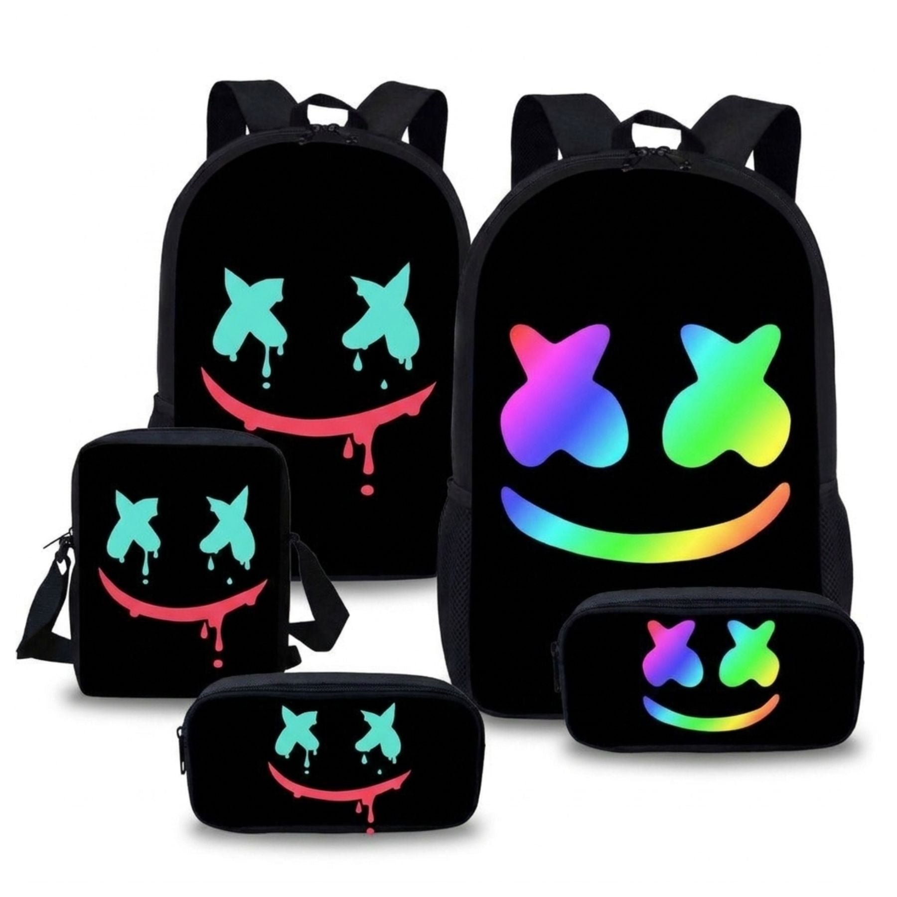 Sac à dos smiley pour enfant | Kit 3 pièces (sac + bandoulière + trousse) | Tissu Oxford résistant