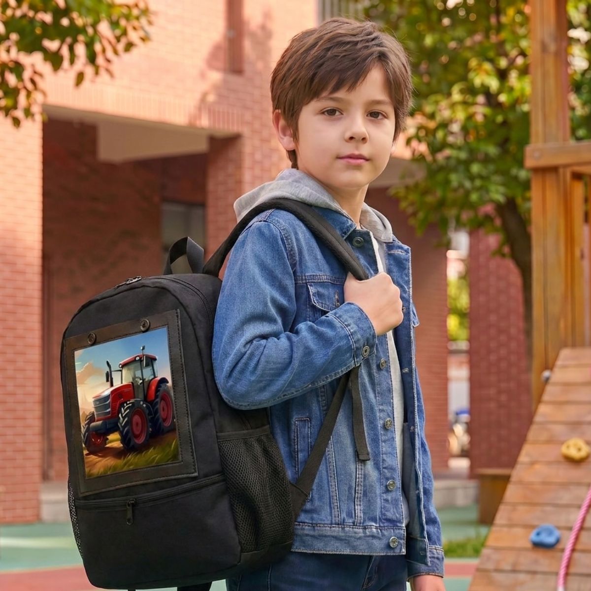 Sac à dos tracteur rouge | Polyester résistant | Bretelles confortables | Usage scolaire