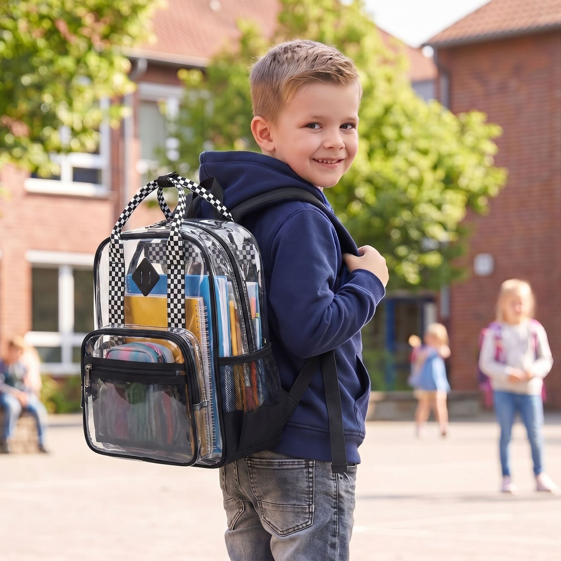 Cartable transparent damier | Grande capacité | PVC imperméable | Style tendance