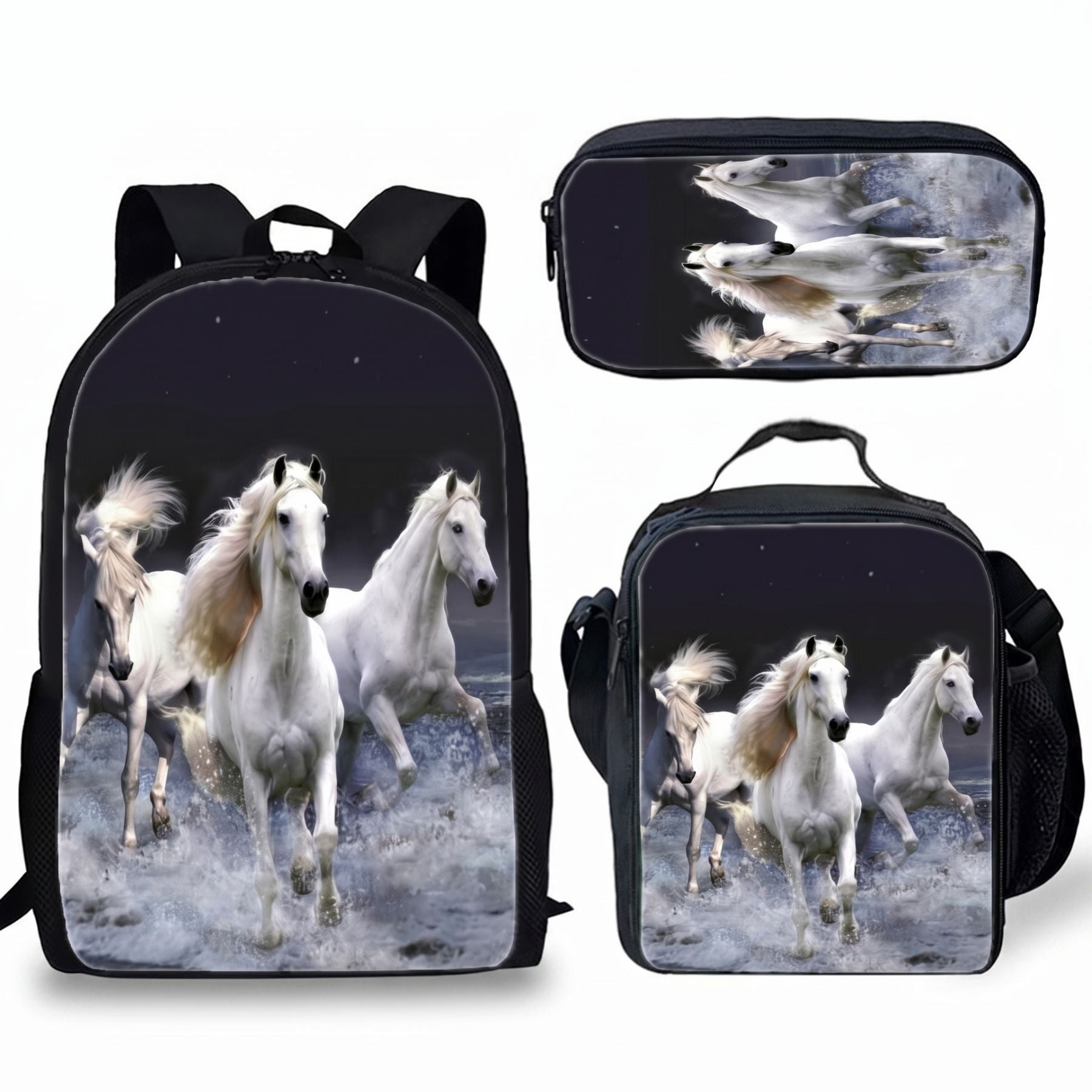 Sac scolaire Cheval | Kit 3 pièces (Sac + lunch bag + trousse) | Polyester résistant