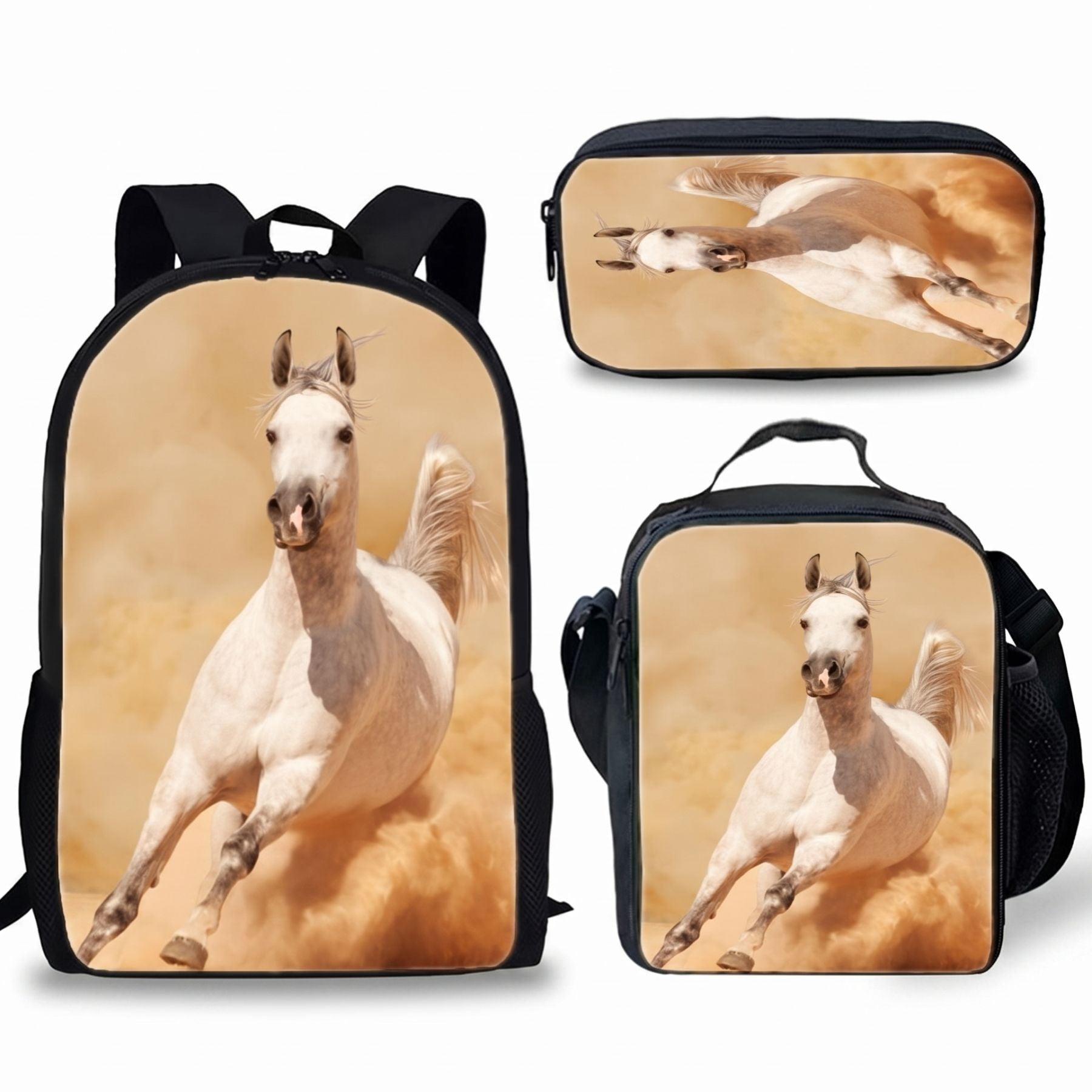 Sac scolaire Cheval | Kit 3 pièces (Sac + lunch bag + trousse) | Polyester résistant