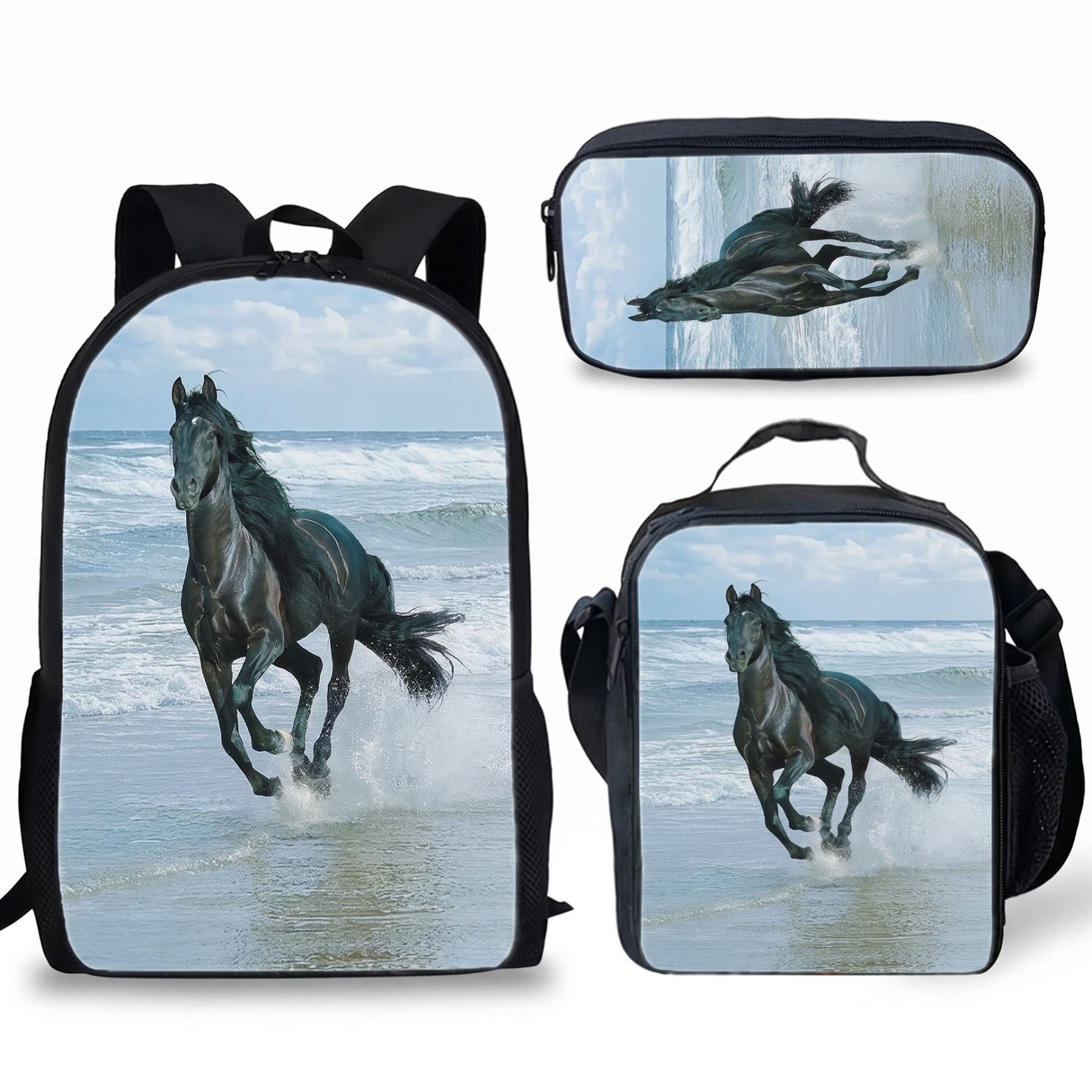 Sac scolaire Cheval | Kit 3 pièces (Sac + lunch bag + trousse) | Polyester résistant