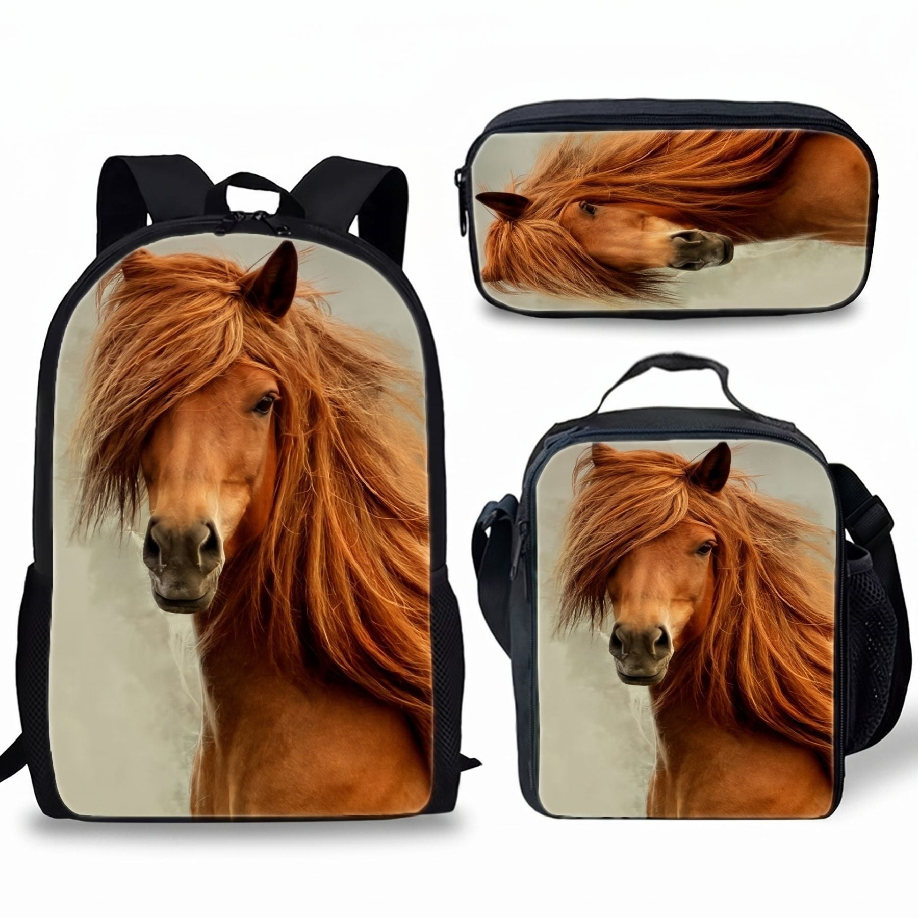 Sac scolaire Cheval | Kit 3 pièces (Sac + lunch bag + trousse) | Polyester résistant