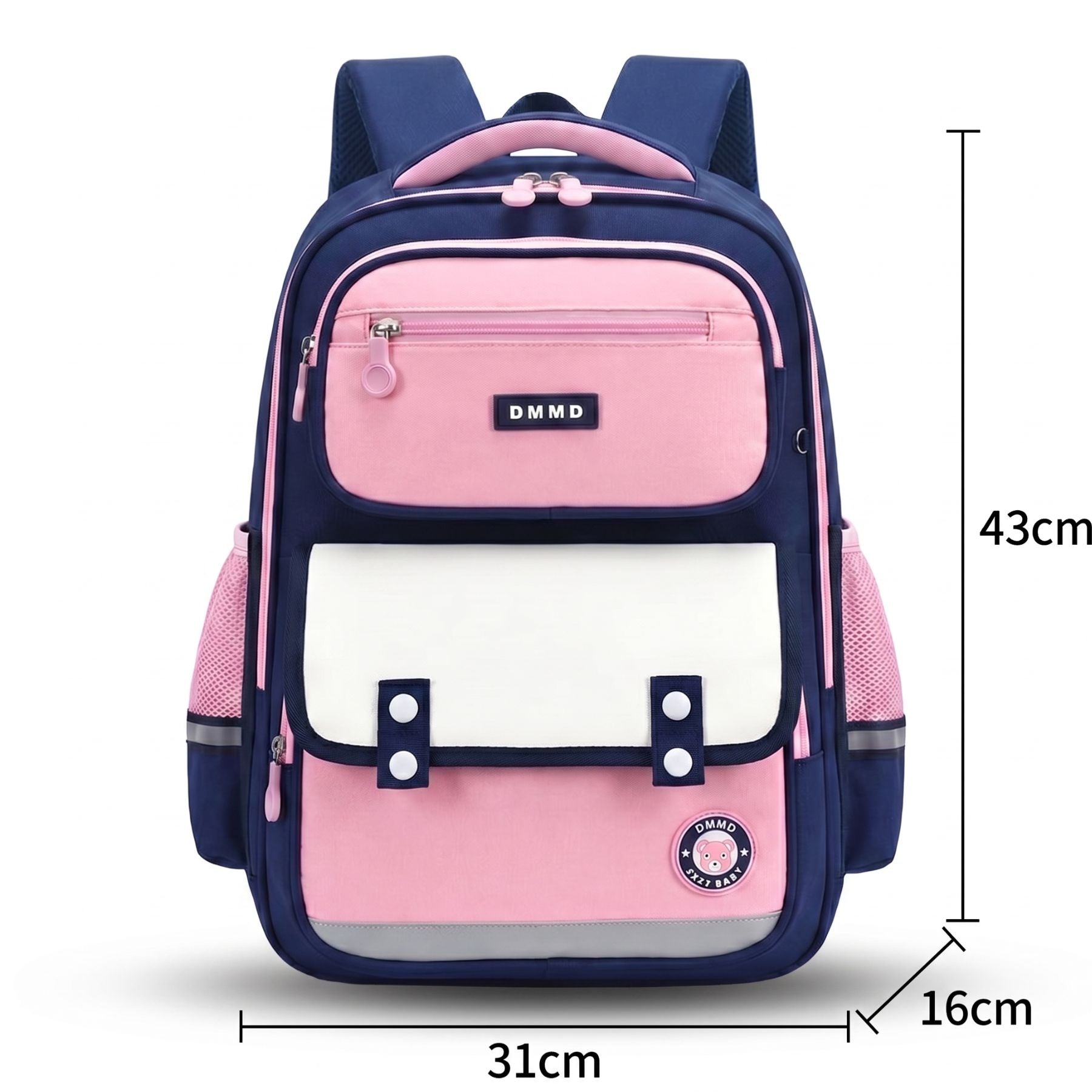 Sac scolaire bleu marine et rose grand format | Dos respirant renforcé | Tissu Oxford résistant | Grande capacité