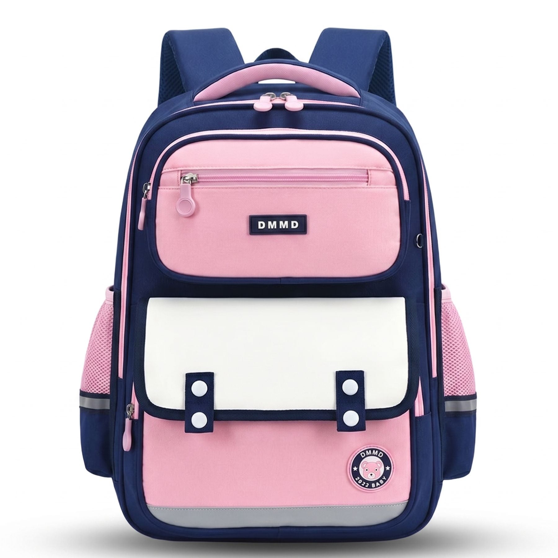 Sac scolaire bleu marine et rose grand format | Dos respirant renforcé | Tissu Oxford résistant | Grande capacité
