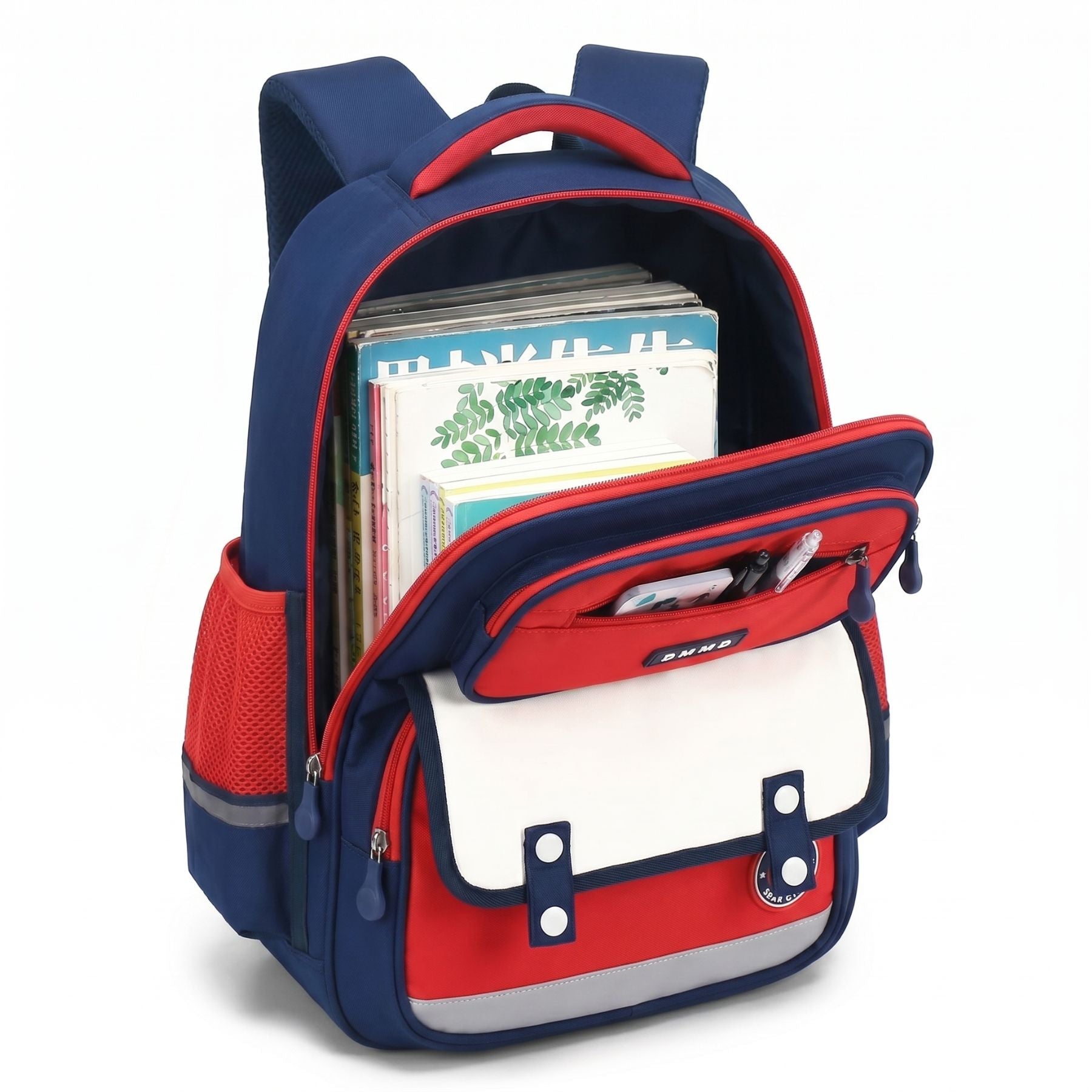 Sac scolaire bleu marine et rouge grand format | Dos respirant renforcé | Tissu Oxford résistant | Grande capacité