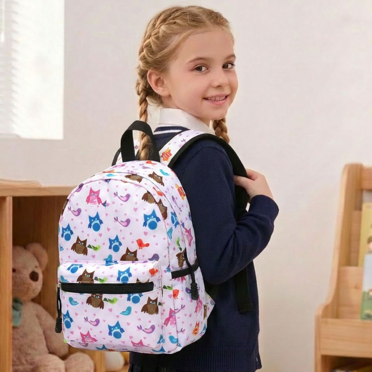 Sac scolaire chouettes colorées | Compartiments pratiques | Tissu Oxford résistant
