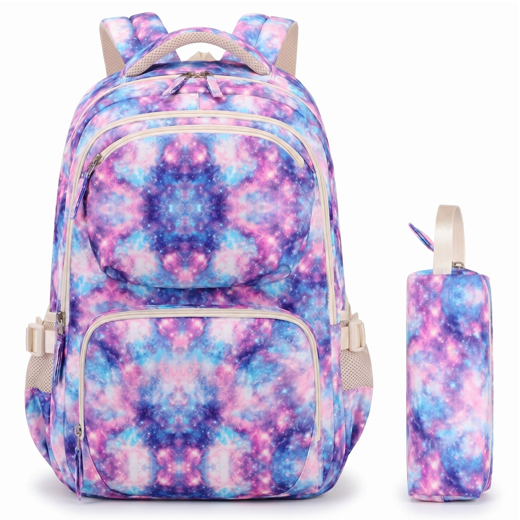 Sac scolaire ciel étoilé violet et bleu | Trousse assortie | Tissu Oxford résistant | Grande capacité