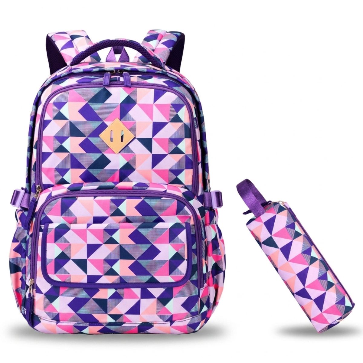 Sac scolaire géométrie multicolore | Trousse assortie incluse | Oxford imperméable | Grande capacité