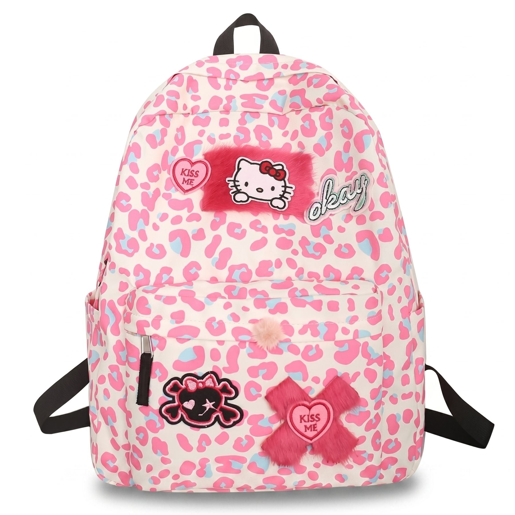 Sac scolaire léopard rose | Bretelles réglables | Nylon résistant | Motifs kawaii brodés