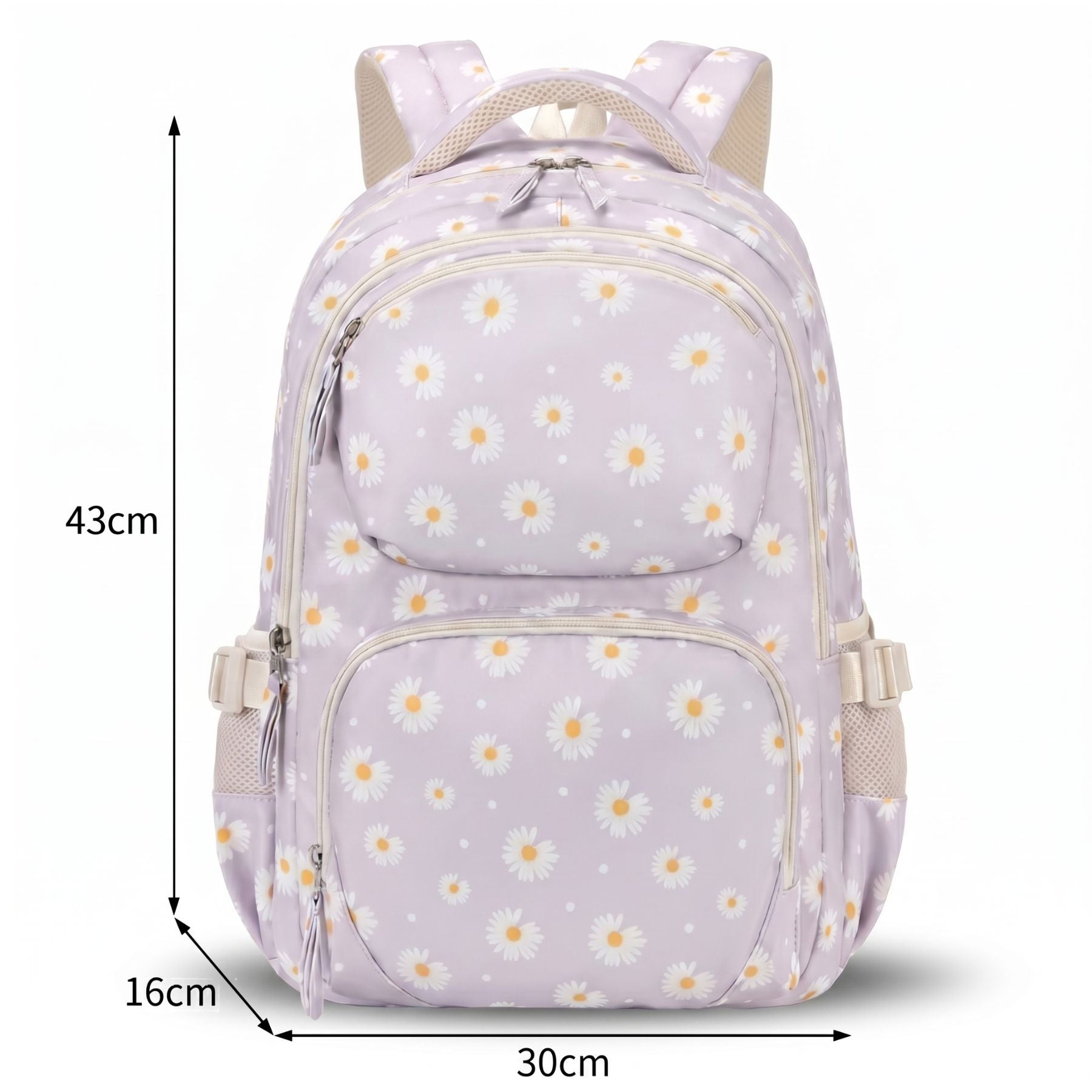 Sac scolaire marguerites blanc cassé | Trousse assortie | Tissu Oxford résistant | Grande capacité