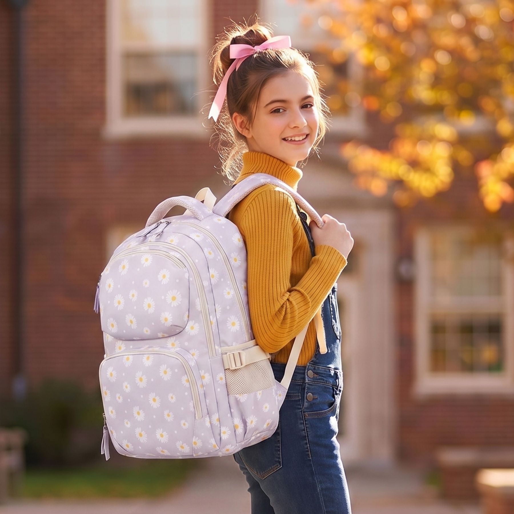 Sac scolaire marguerites blanc cassé | Trousse assortie | Tissu Oxford résistant | Grande capacité
