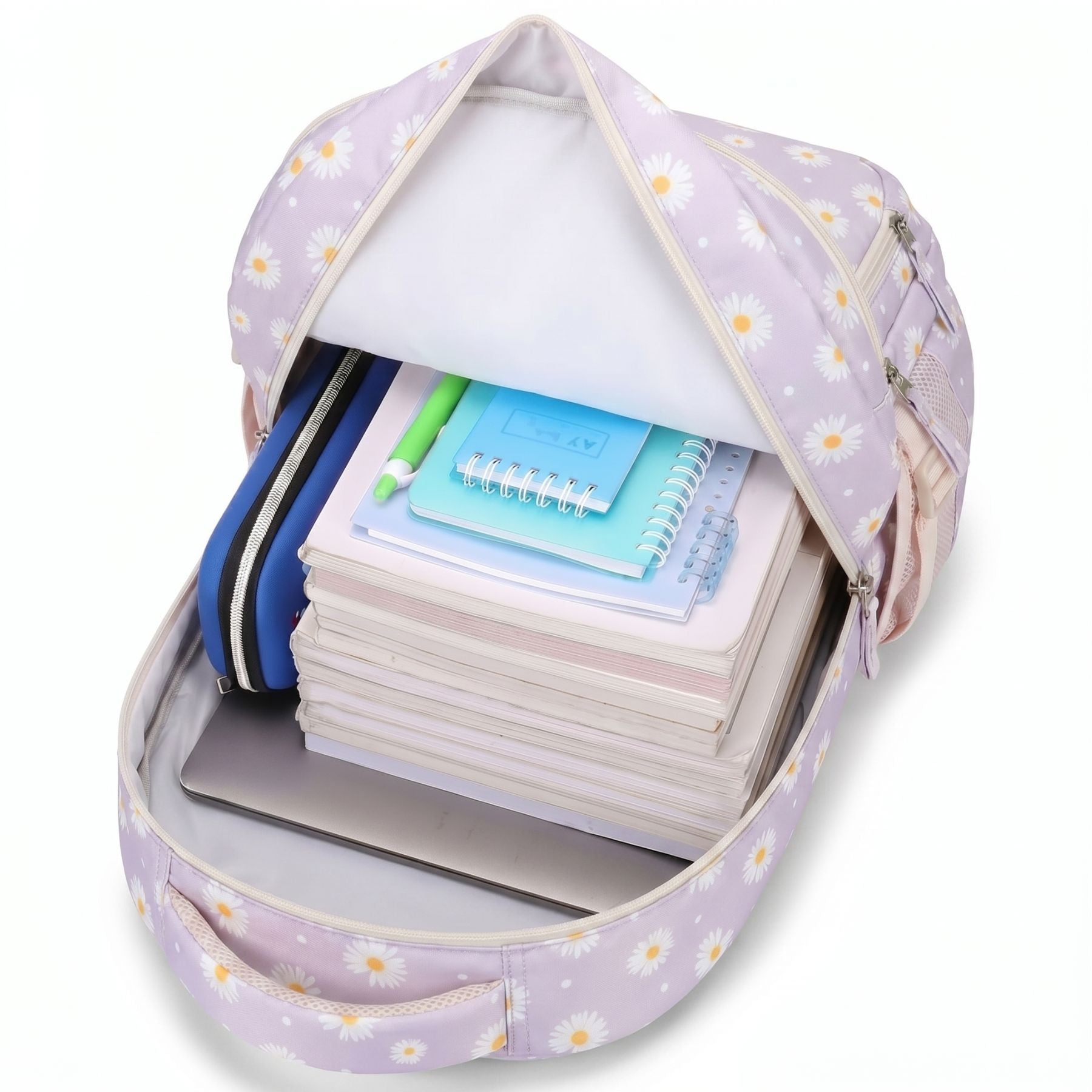 Sac scolaire marguerites blanc cassé | Trousse assortie | Tissu Oxford résistant | Grande capacité