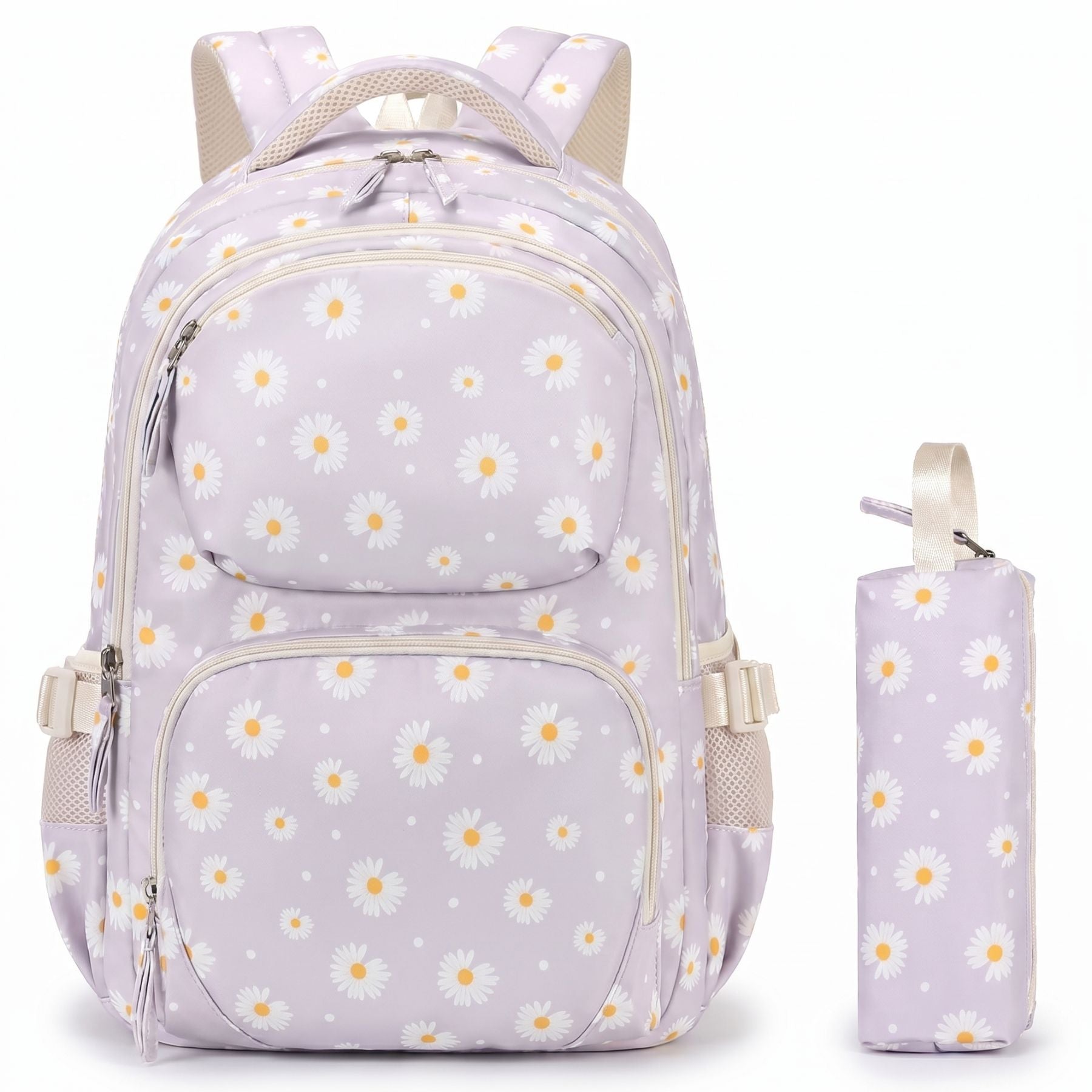 Sac scolaire marguerites blanc cassé | Trousse assortie | Tissu Oxford résistant | Grande capacité