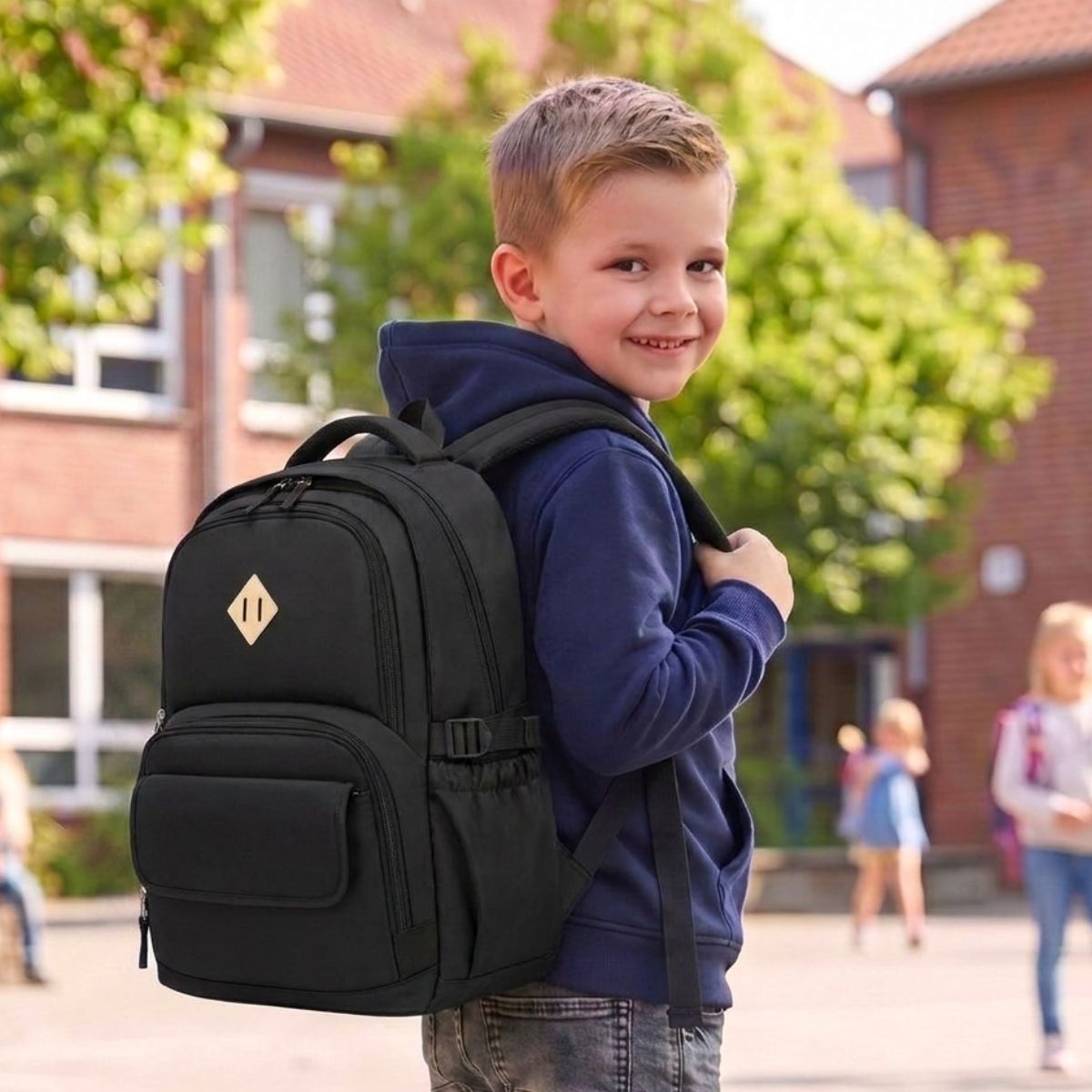 Sac scolaire moderne noir | Multiples compartiments | Tissu résistant | Rangement facile