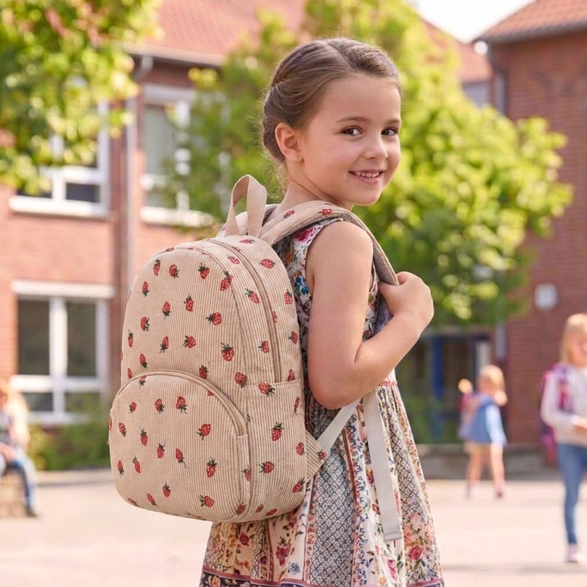 Sac scolaire motif fraises | Compartiment zippé | Velours anti-usure
