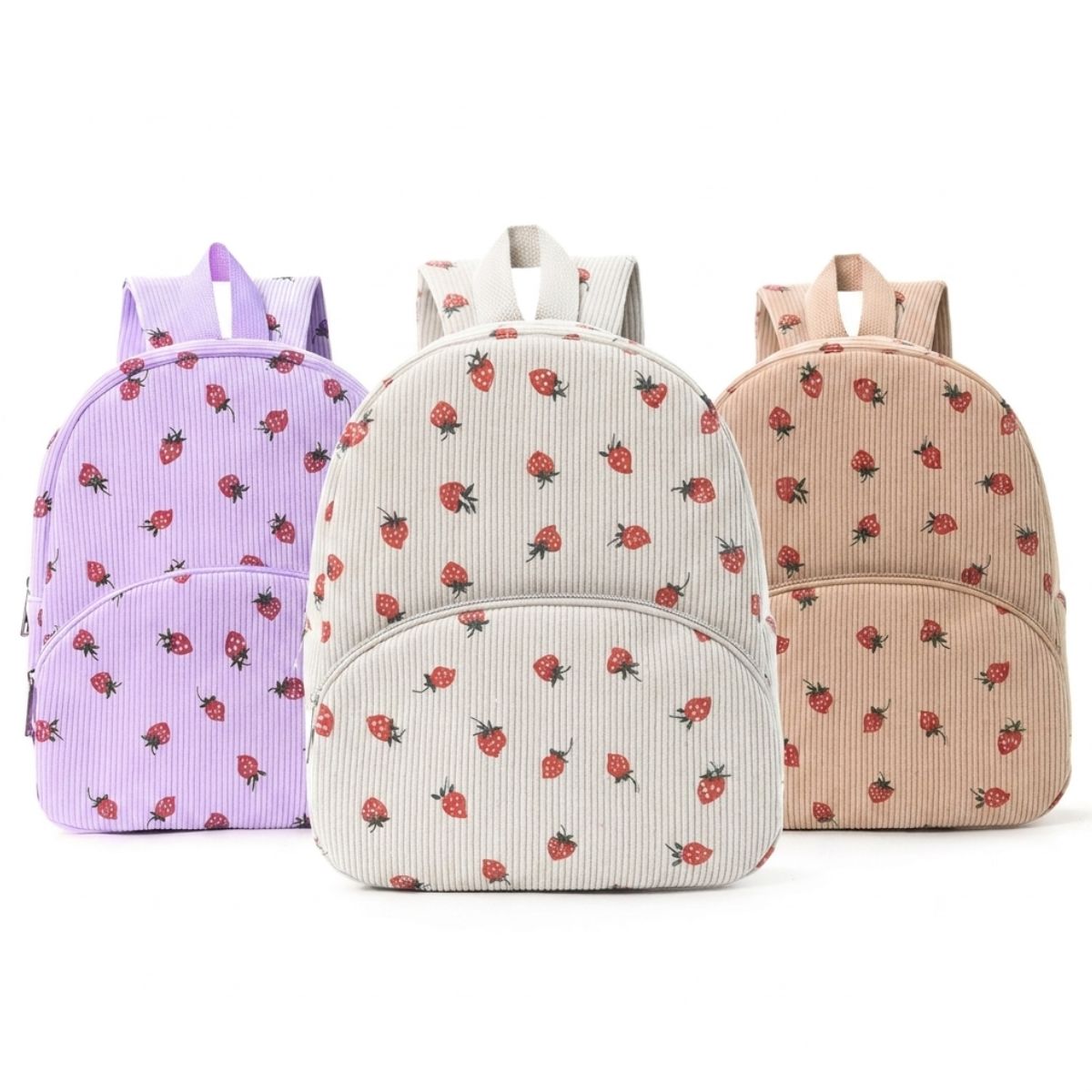 Sac scolaire motif fraises | Compartiment zippé | Velours anti-usure