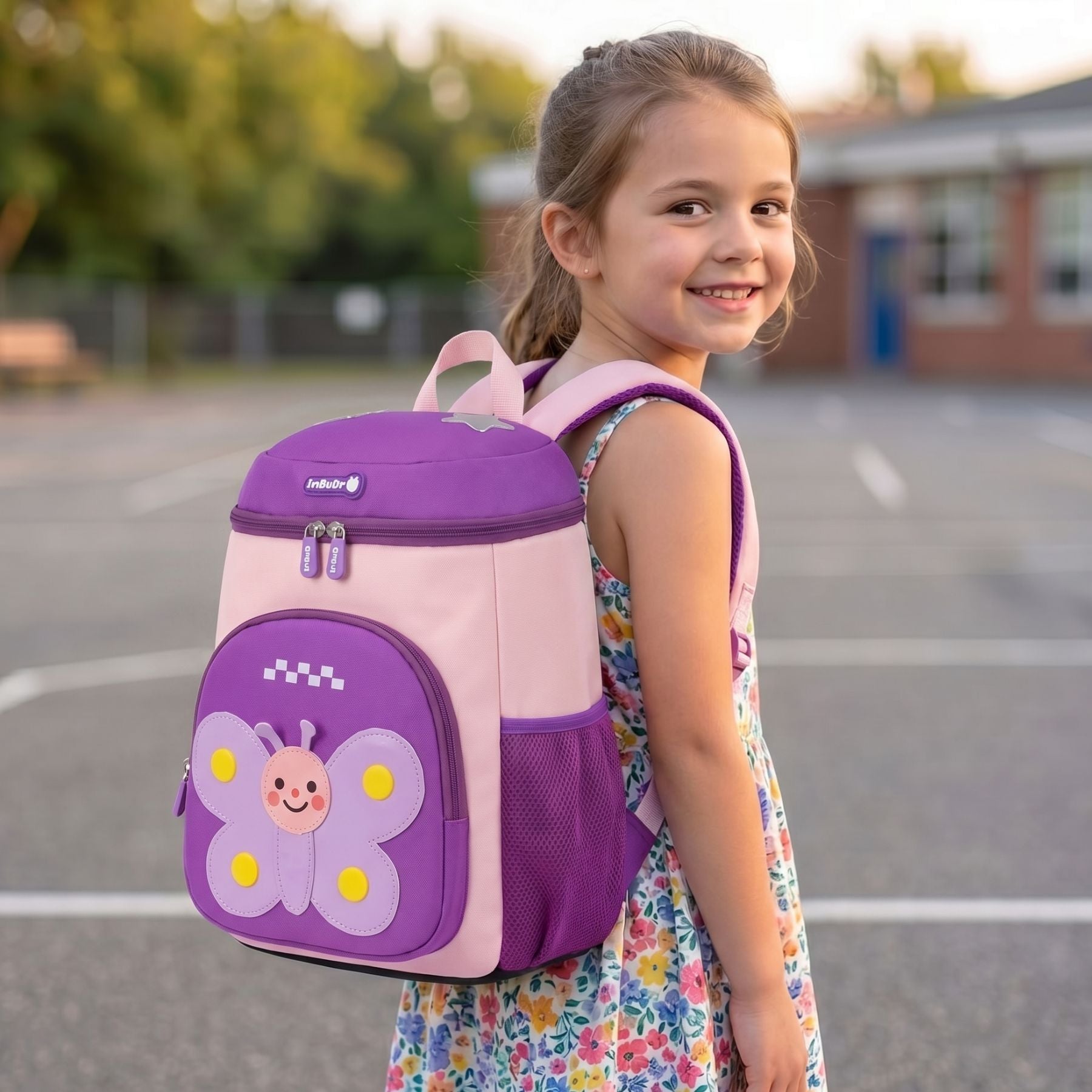 Sac scolaire papillon 3D Violet | Bretelles rembourrées | Tissu néoprène léger | Idéal maternelle