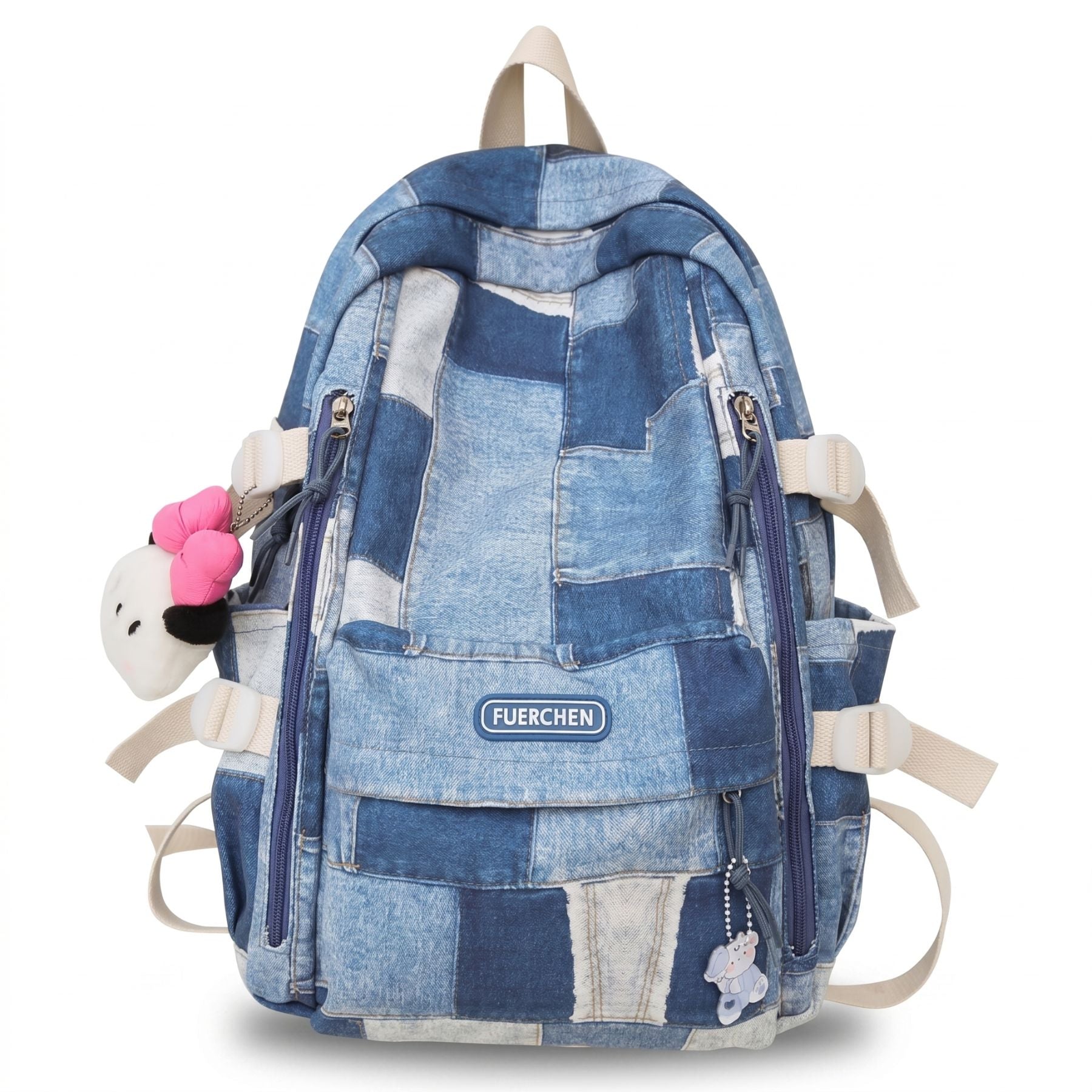 Sac scolaire patchwork denim | Compartiments multiples | Toile résistante anti-usure