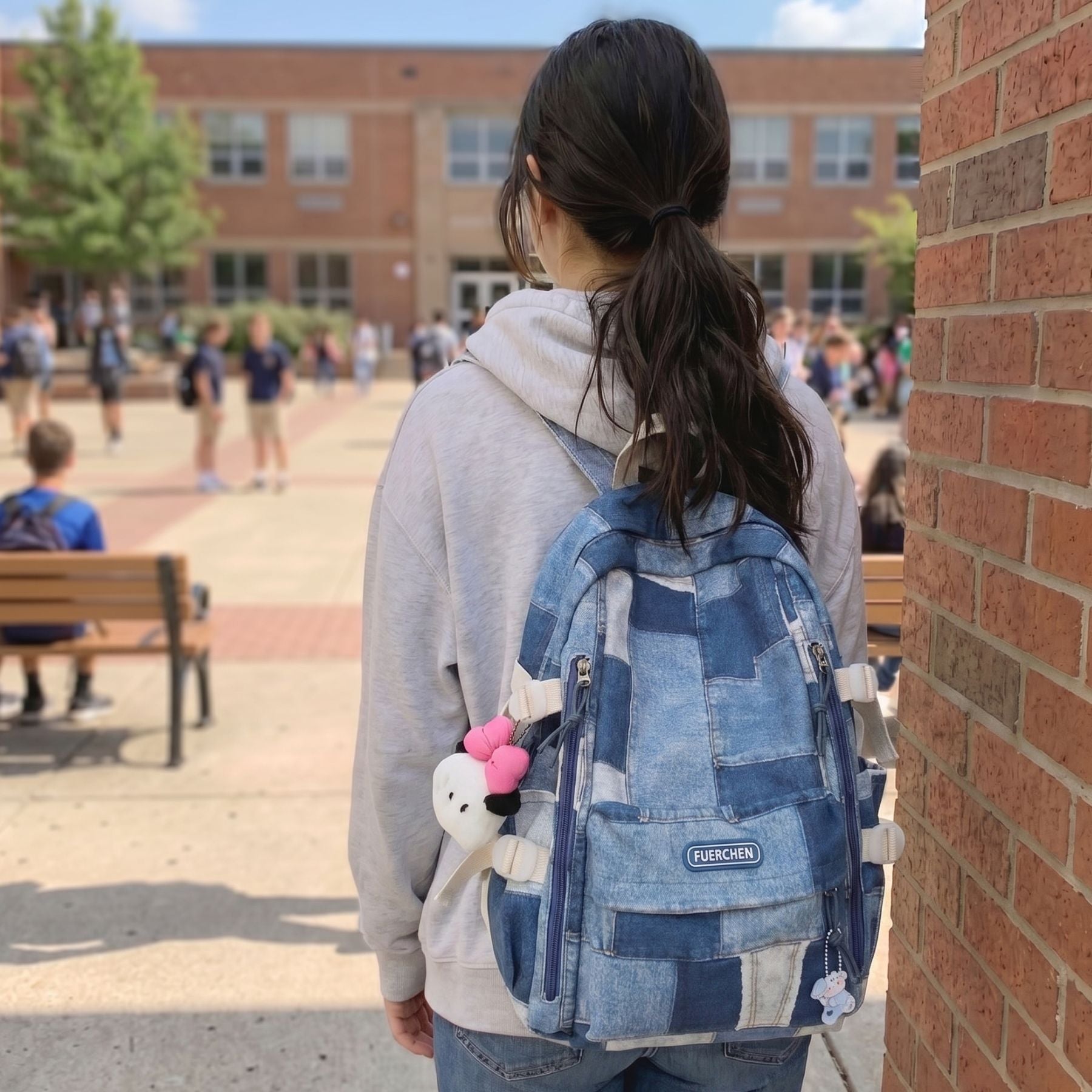 Sac scolaire patchwork denim | Compartiments multiples | Toile résistante anti-usure
