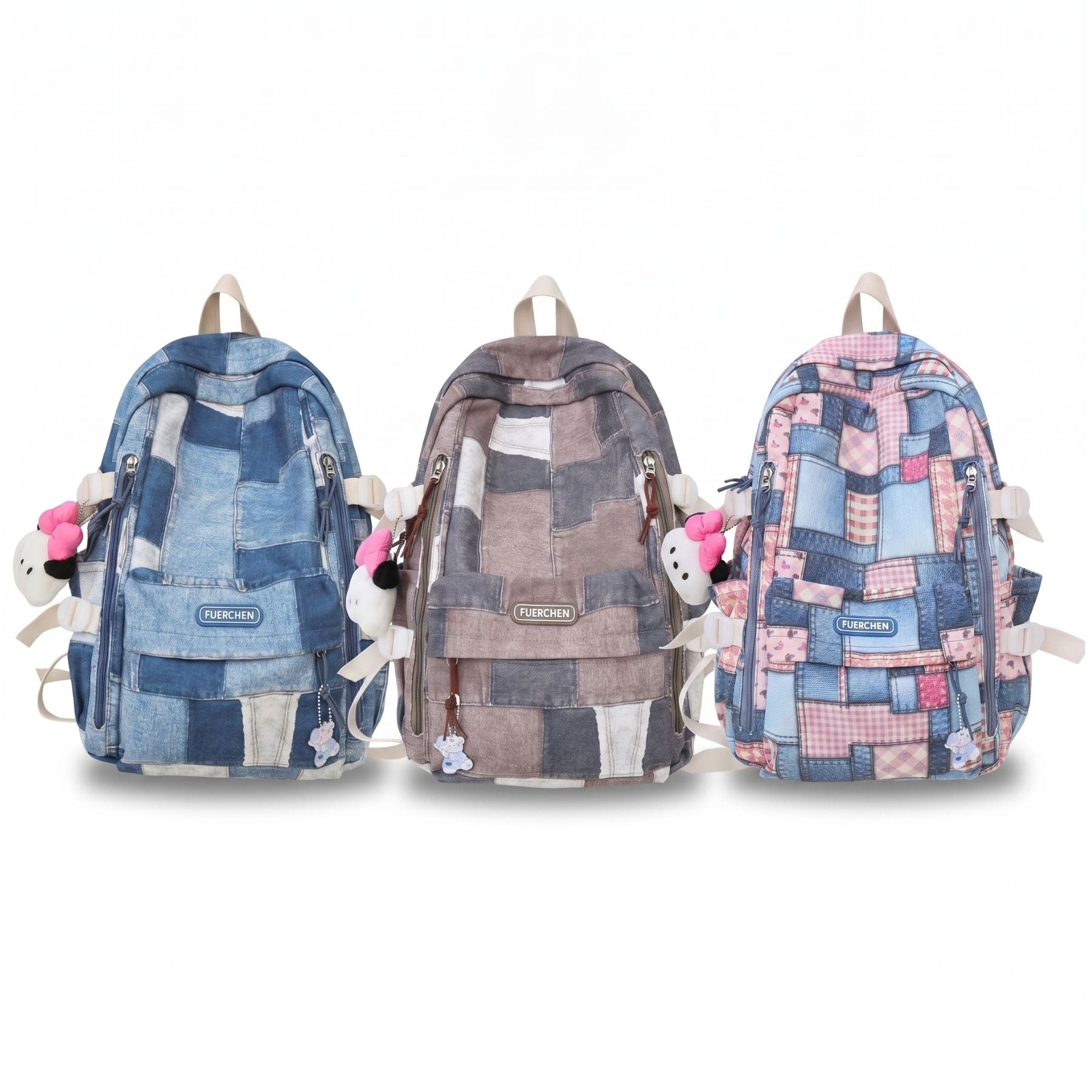 Sac scolaire patchwork denim | Compartiments multiples | Toile résistante anti-usure