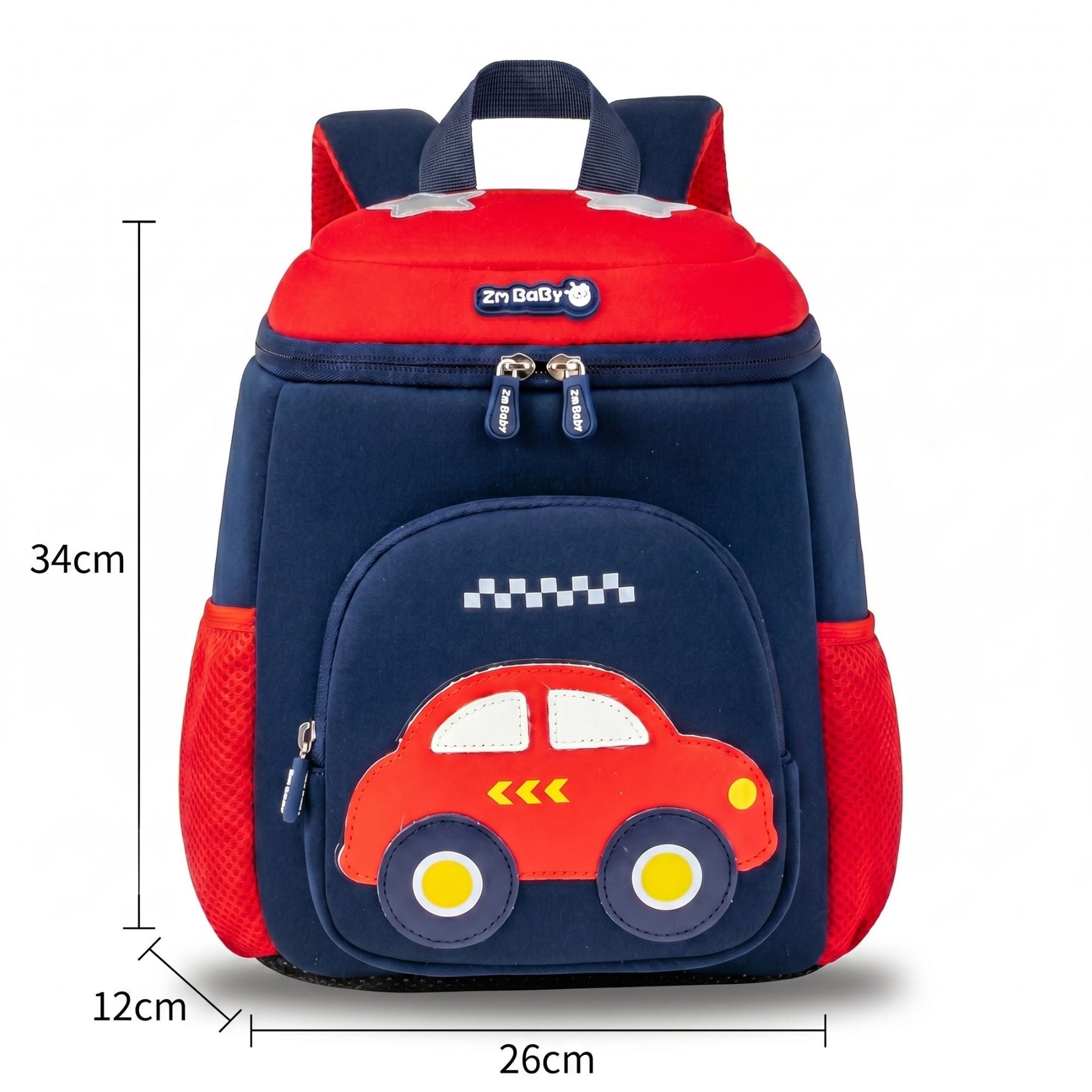 Sac scolaire voiture rouge et bleu | Bretelles rembourrées | Tissu néoprène respirant | Idéal maternelle