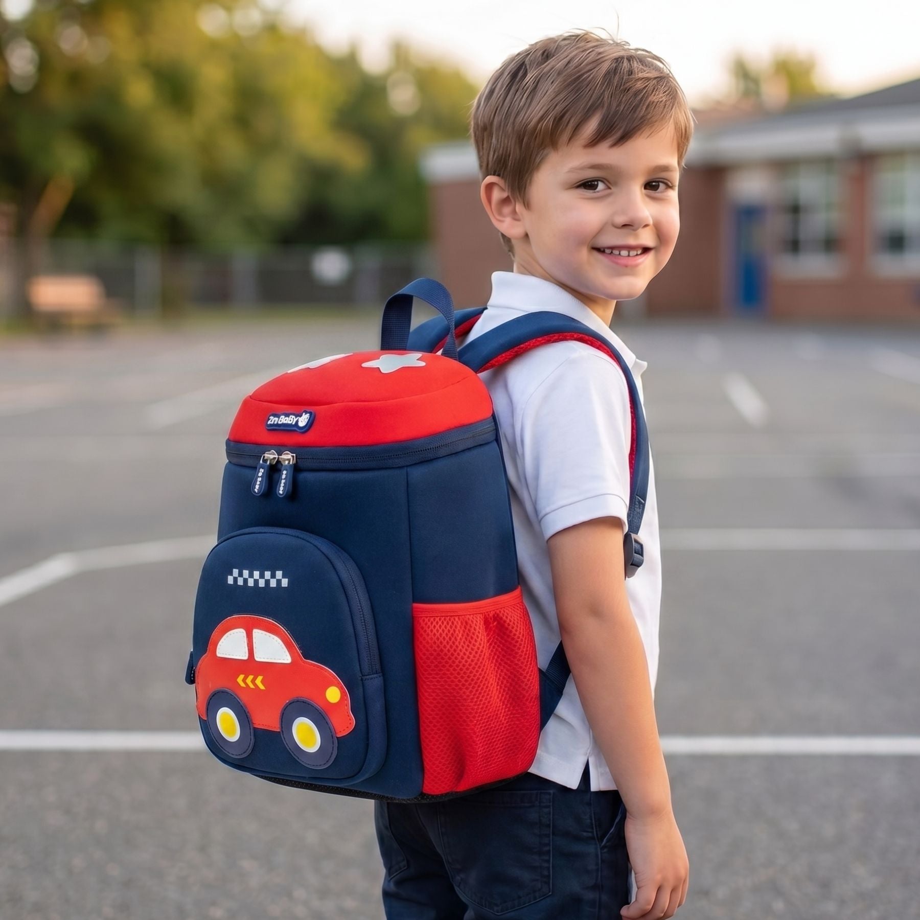 Sac scolaire voiture rouge et bleu | Bretelles rembourrées | Tissu néoprène respirant | Idéal maternelle