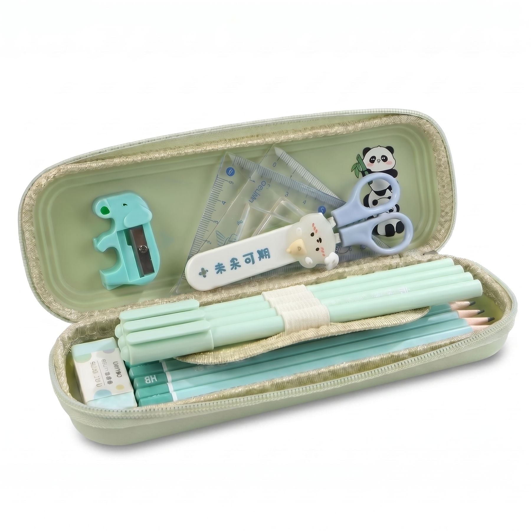 Trousse scolaire panda vert | Design cartoon | Compartiment zippé | Résistante et pratique au quotidien