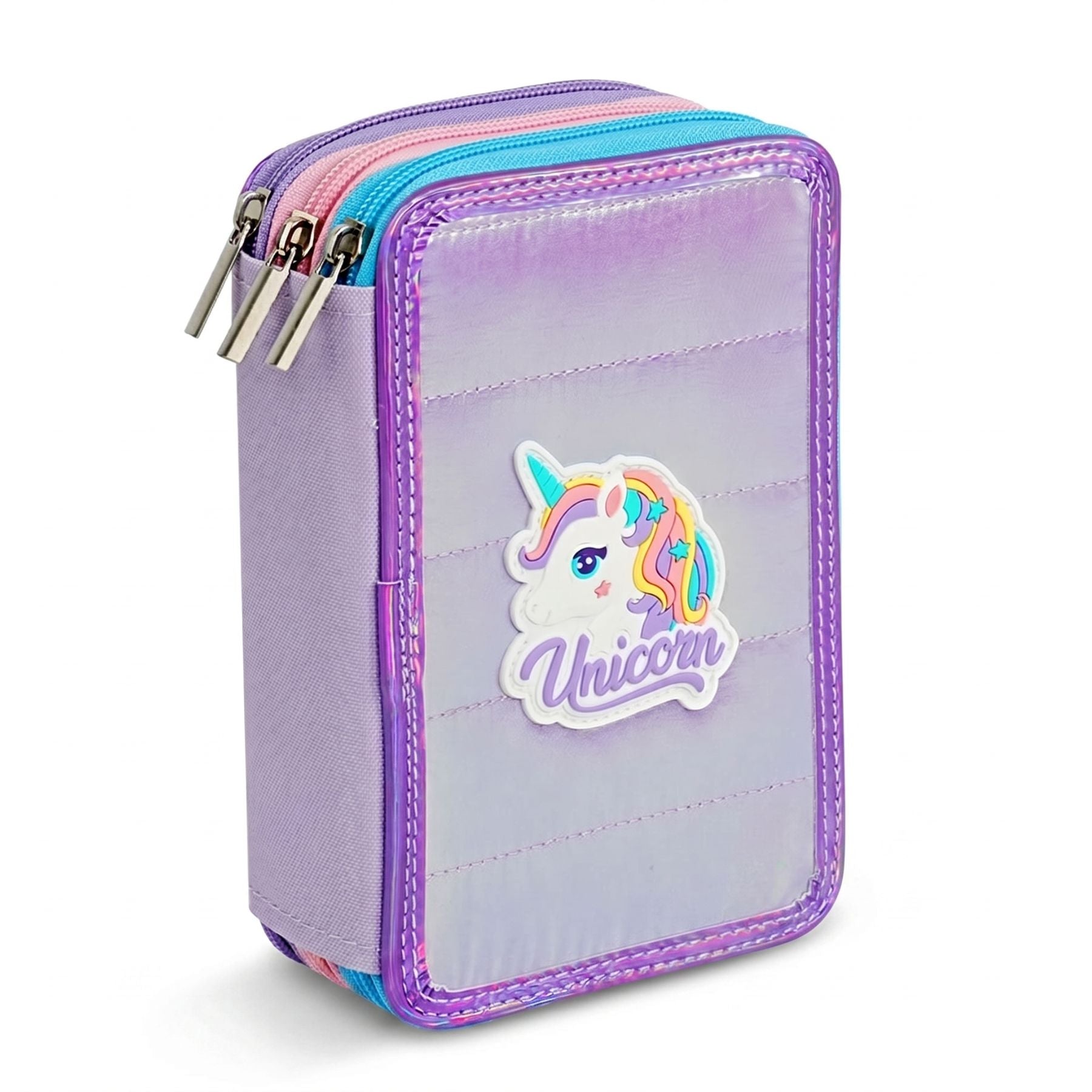 Trousse à Crayons Fille Licorne | Triple Compartiments Grande Capacité | Effet Satiné Pastel | Design Kawaii