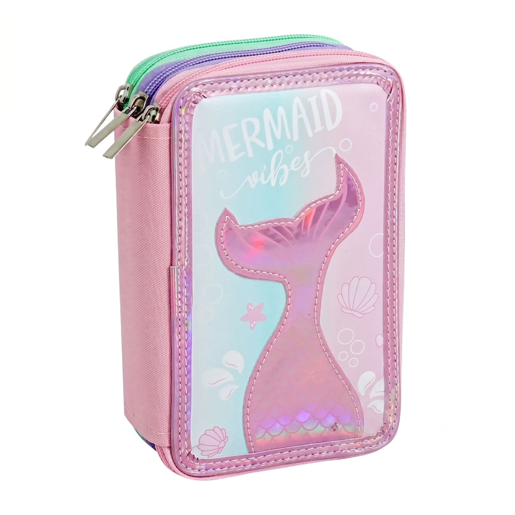 Trousse à Crayons Fille Sirène Rose | 3 Compartiments Zippés | Effet Holographique Rose | Grande Capacité