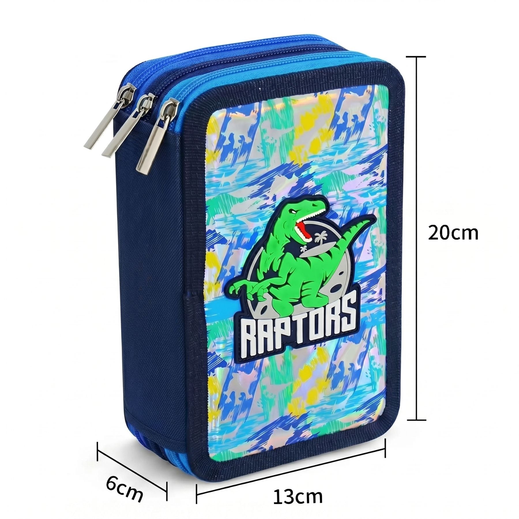 Trousse à Crayons Garçon Dinosaure Raptors | 3 Compartiments Zippés | Effet Holographique | Grande Capacité