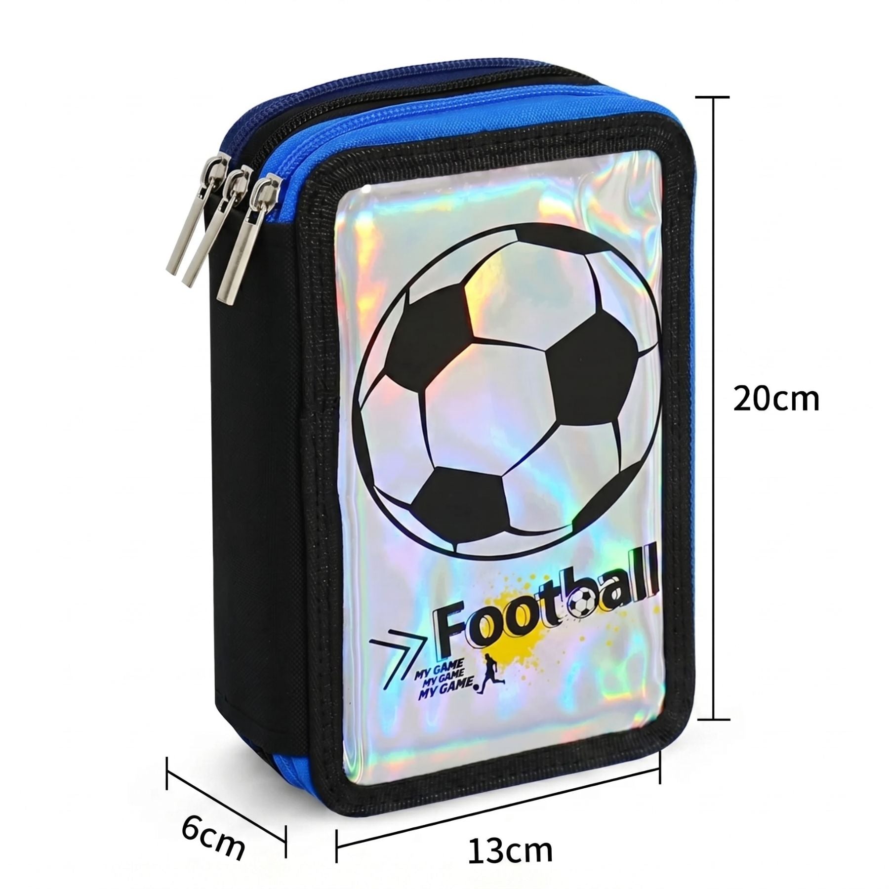 Trousse à Crayons Garçon Football | 3 Compartiments Zippés | Effet Holographique | Grande Capacité