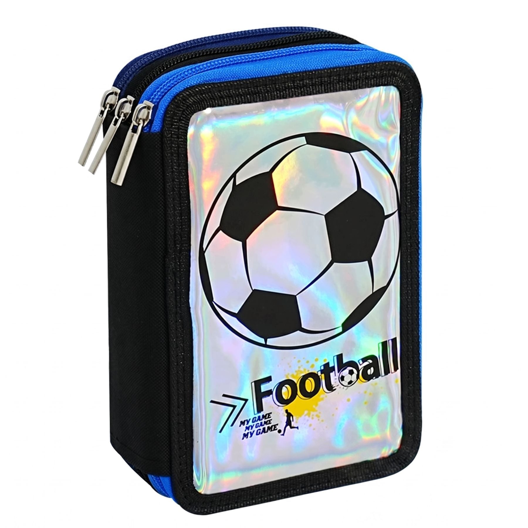 Trousse à Crayons Garçon Football | 3 Compartiments Zippés | Effet Holographique | Grande Capacité